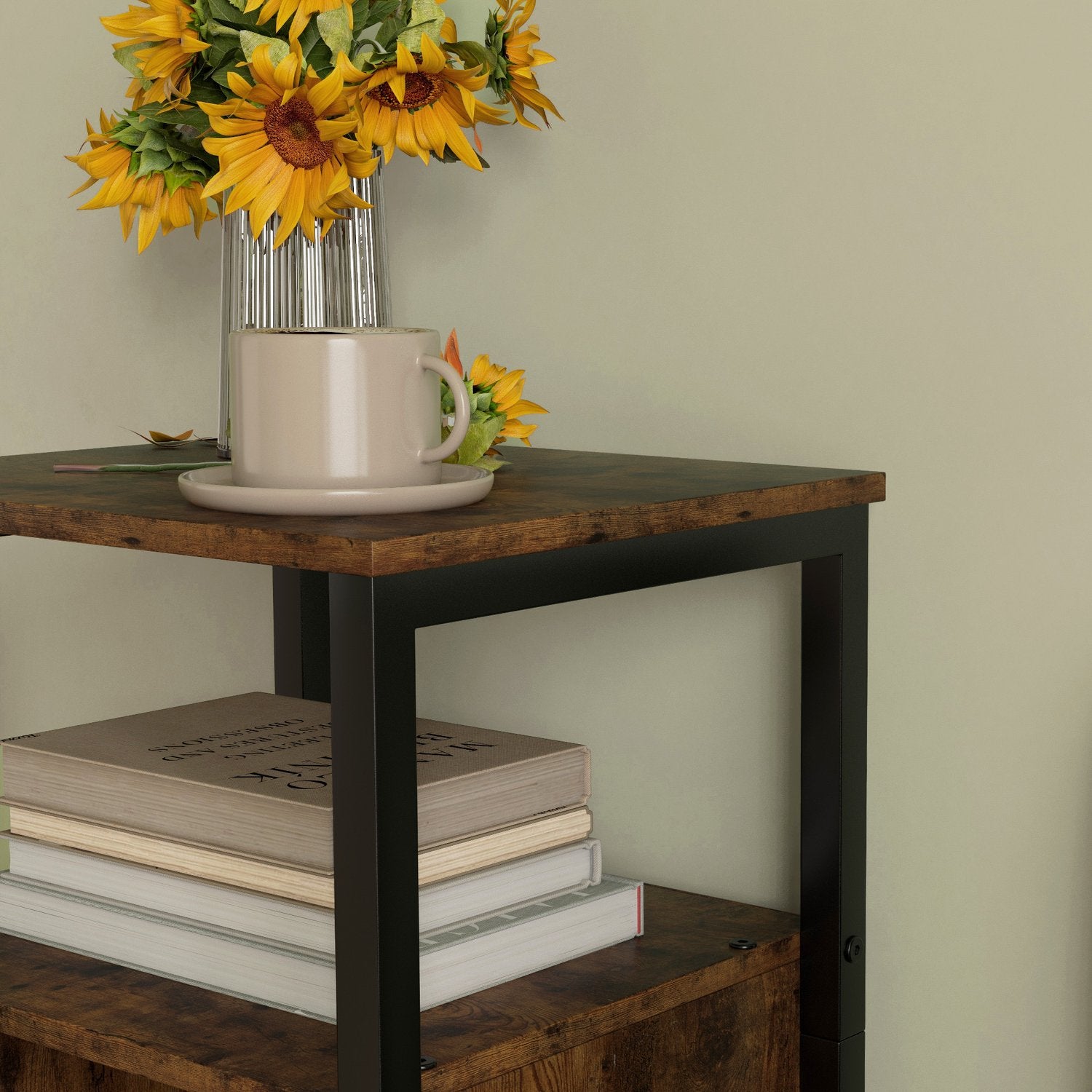 Rustikt brunt industrisoffbord, justerbar hylla