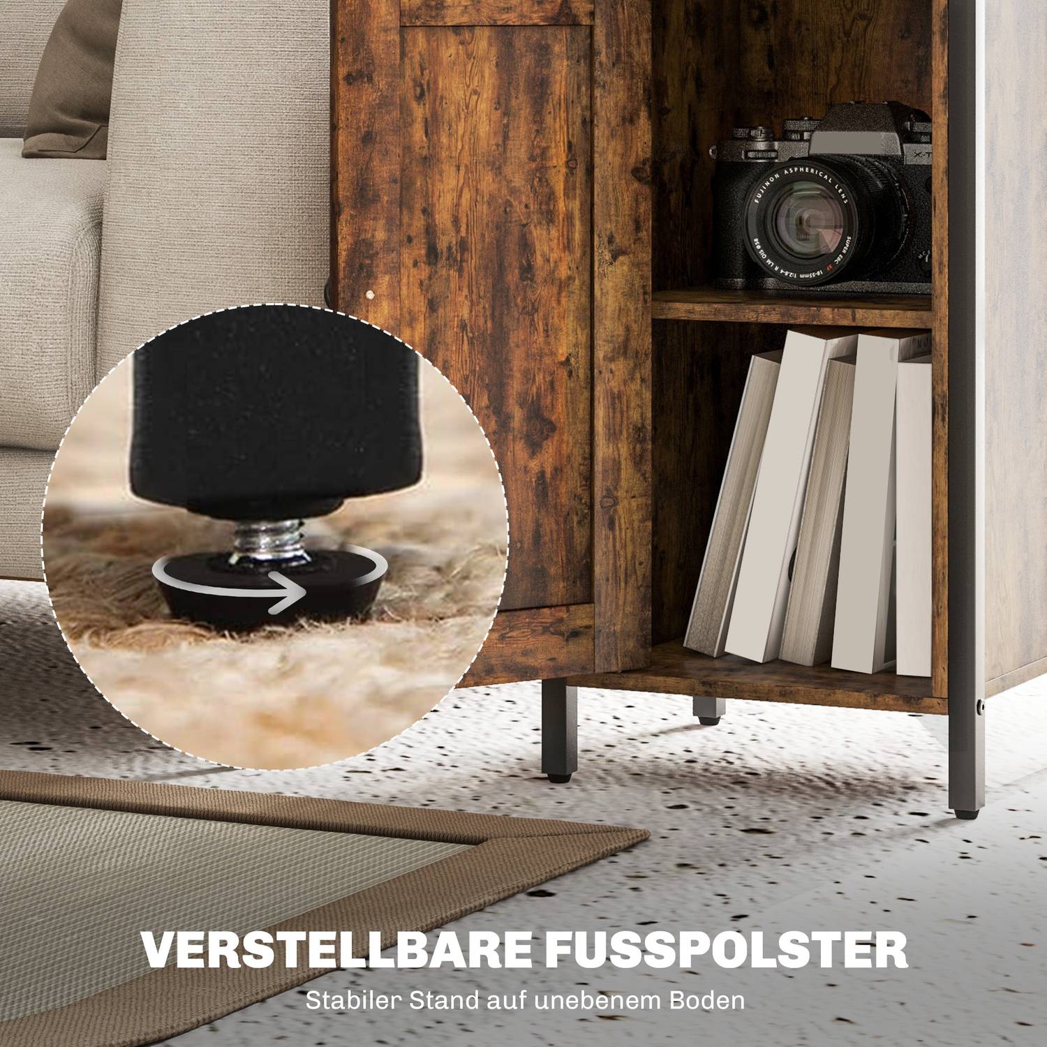 Rustikt brunt industrisoffbord, justerbar hylla