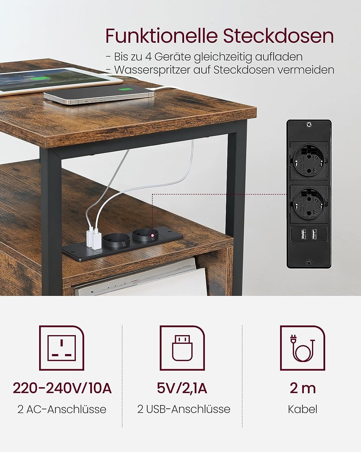 Rustikt sidobord med inbyggd Power Strip & förvaring