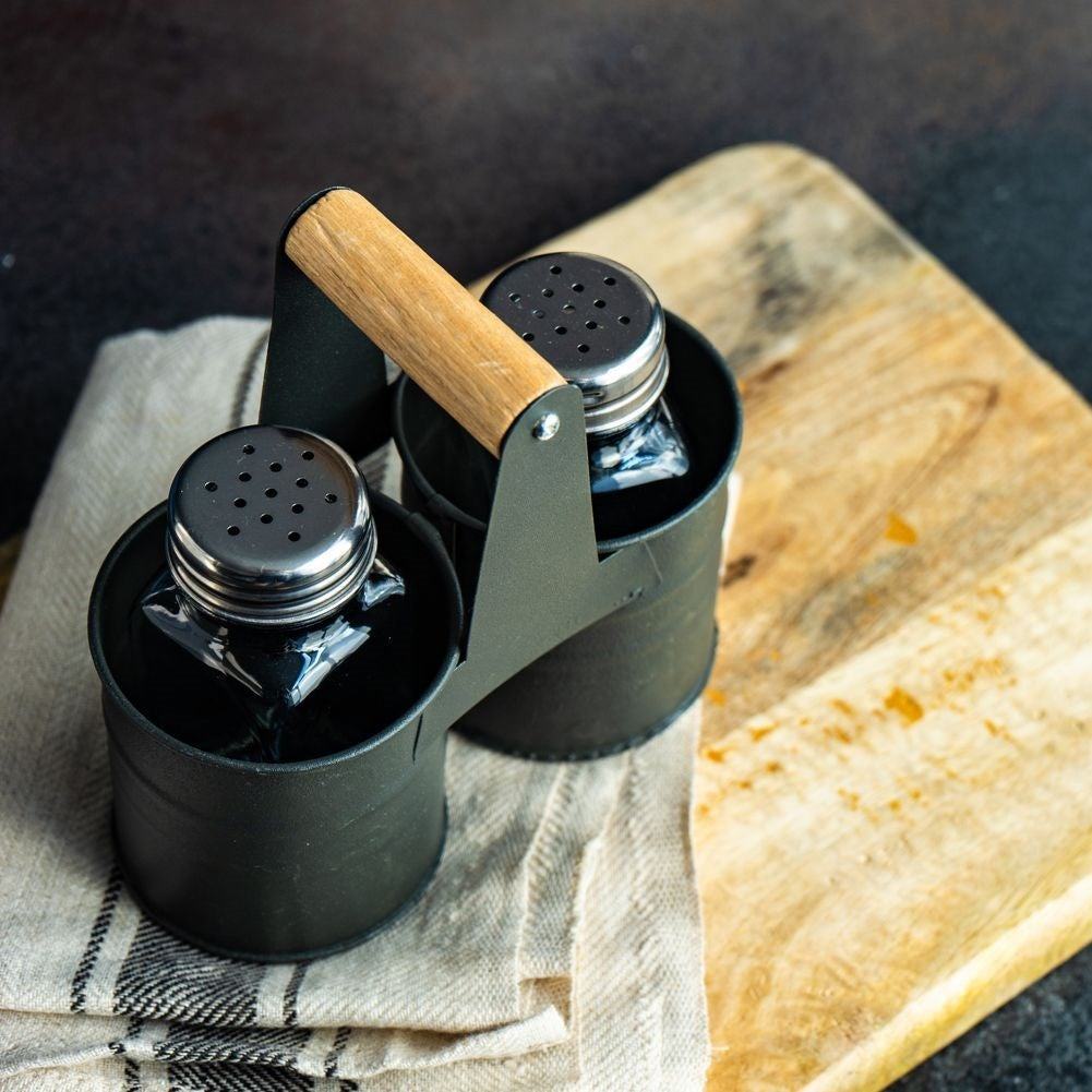 Salt- och Pepparkar i Glas med Metallställning