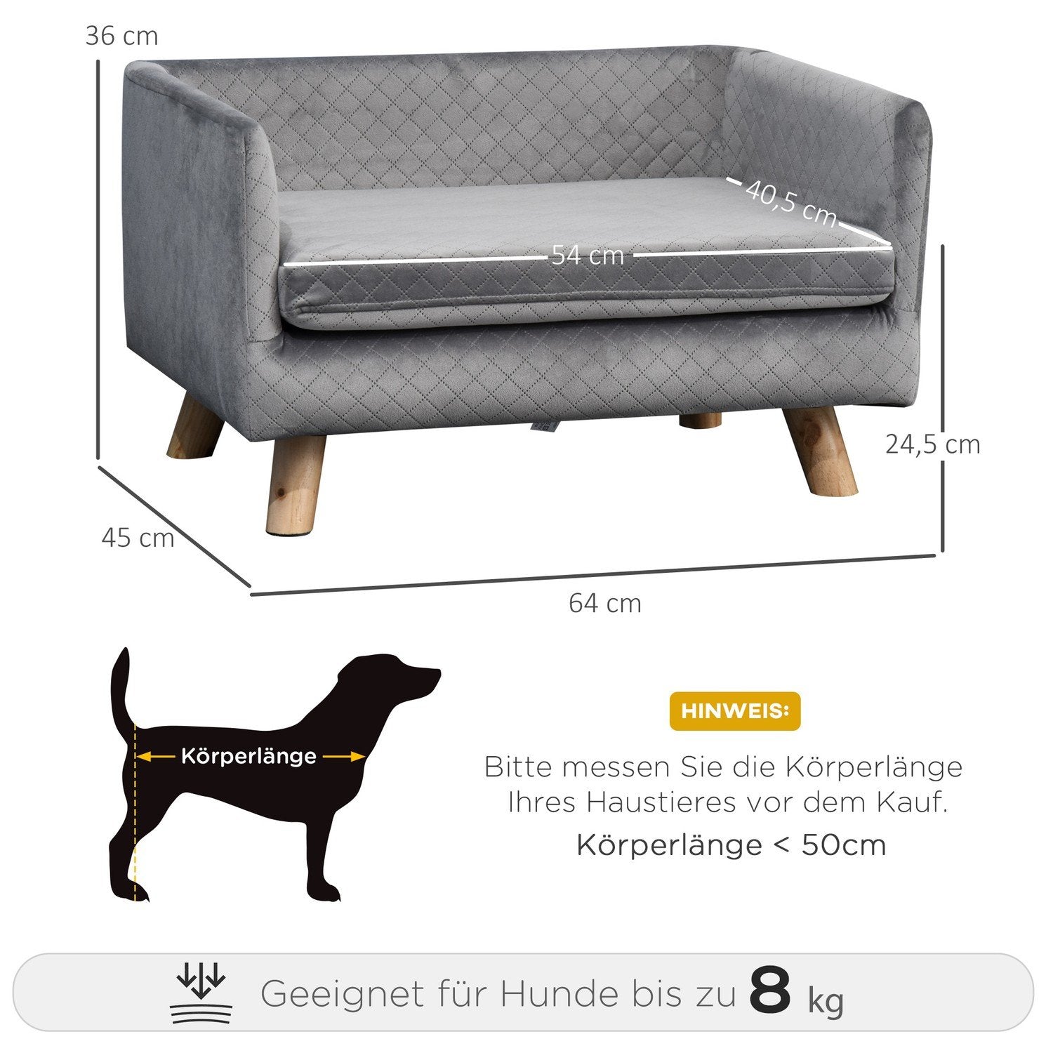 Hundsoffa Velvet Touch Pet Soffa För Små Hundar Upp Till 8 Kg, Med Träben, Grå, 64X45X36Cm