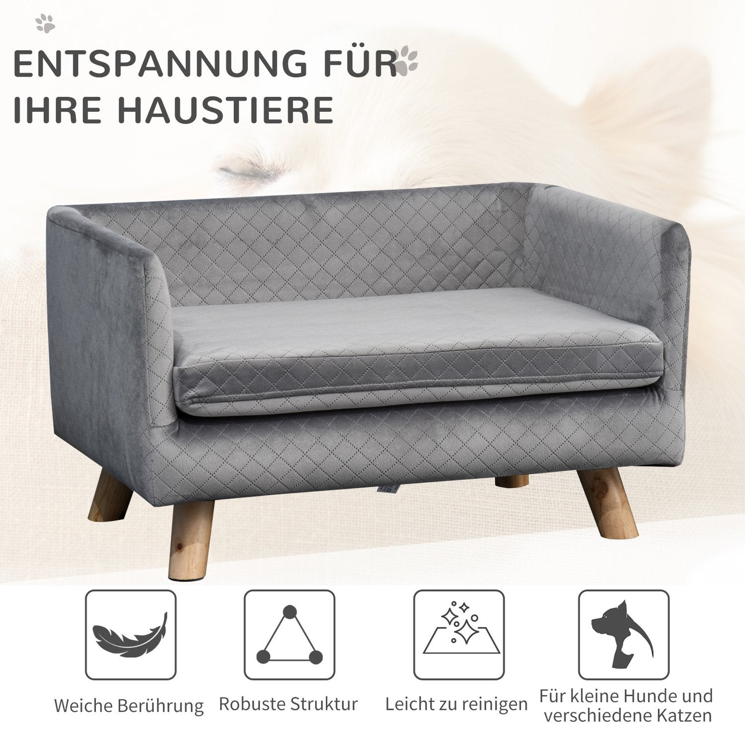 Hundsoffa Velvet Touch Pet Soffa För Små Hundar Upp Till 8 Kg, Med Träben, Grå, 64X45X36Cm