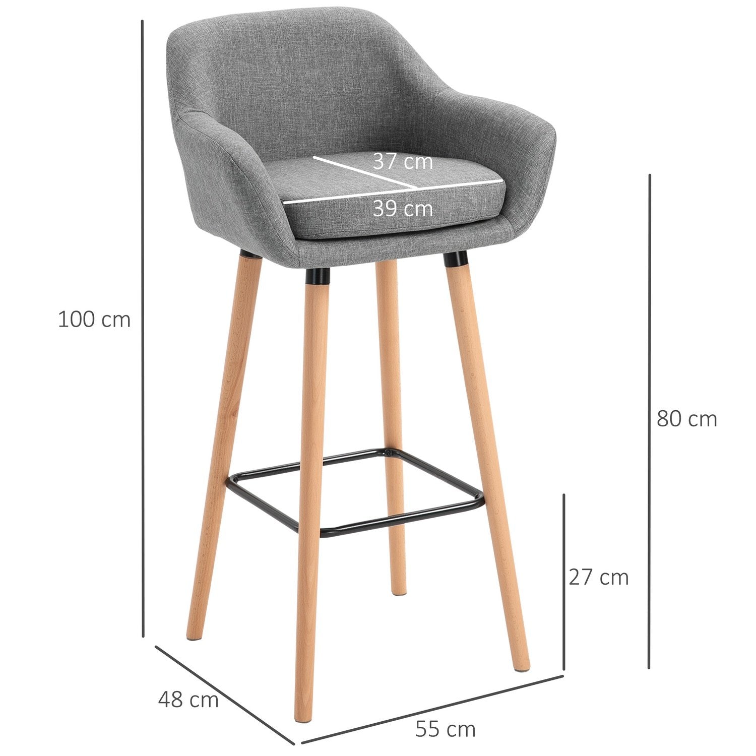 Set Med 2 Barstolar, Barstol I Linne Med Sittdyna, Kökspall, Bistropall Med Fotstöd, Bänkpall, Grå, 55 X 48 X 100 Cm