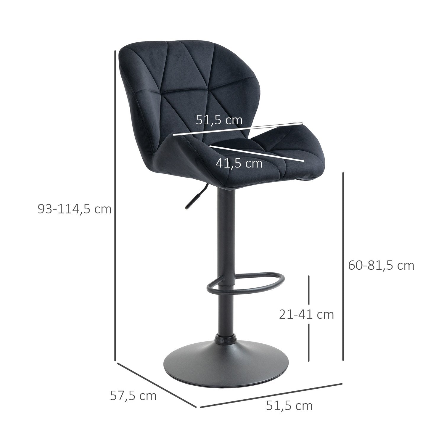 Set Med 2 Barstolar Vridbara Barstolar Med Ryggstöd Sammet Touch Höjdjusterbart Armlöst Skum Svart 51,5X 57,5 X 93-114,5 Cm