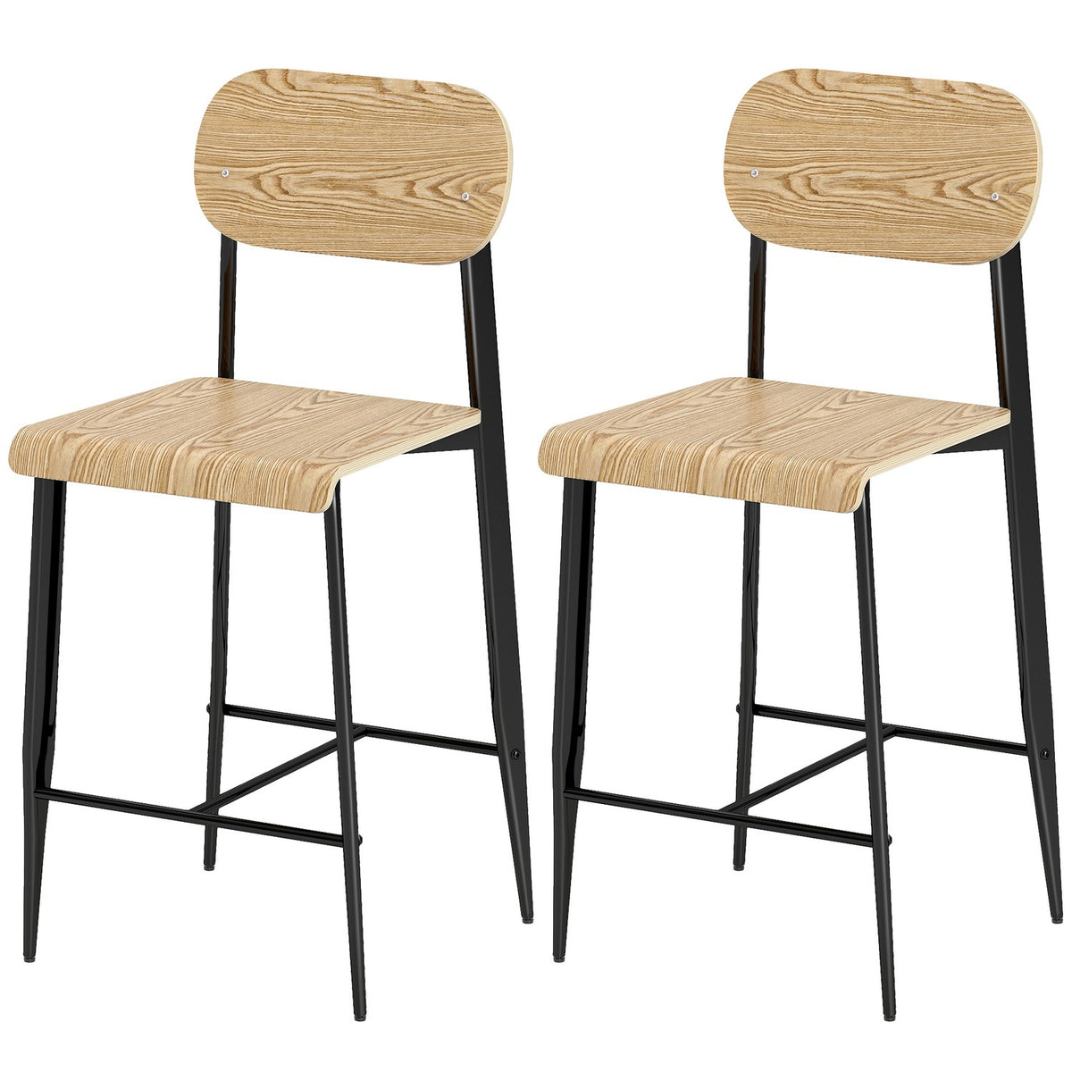 Set van 2 barkrukken, barkrukken met rugleuning en metalen frame, hout, lichtbruin
