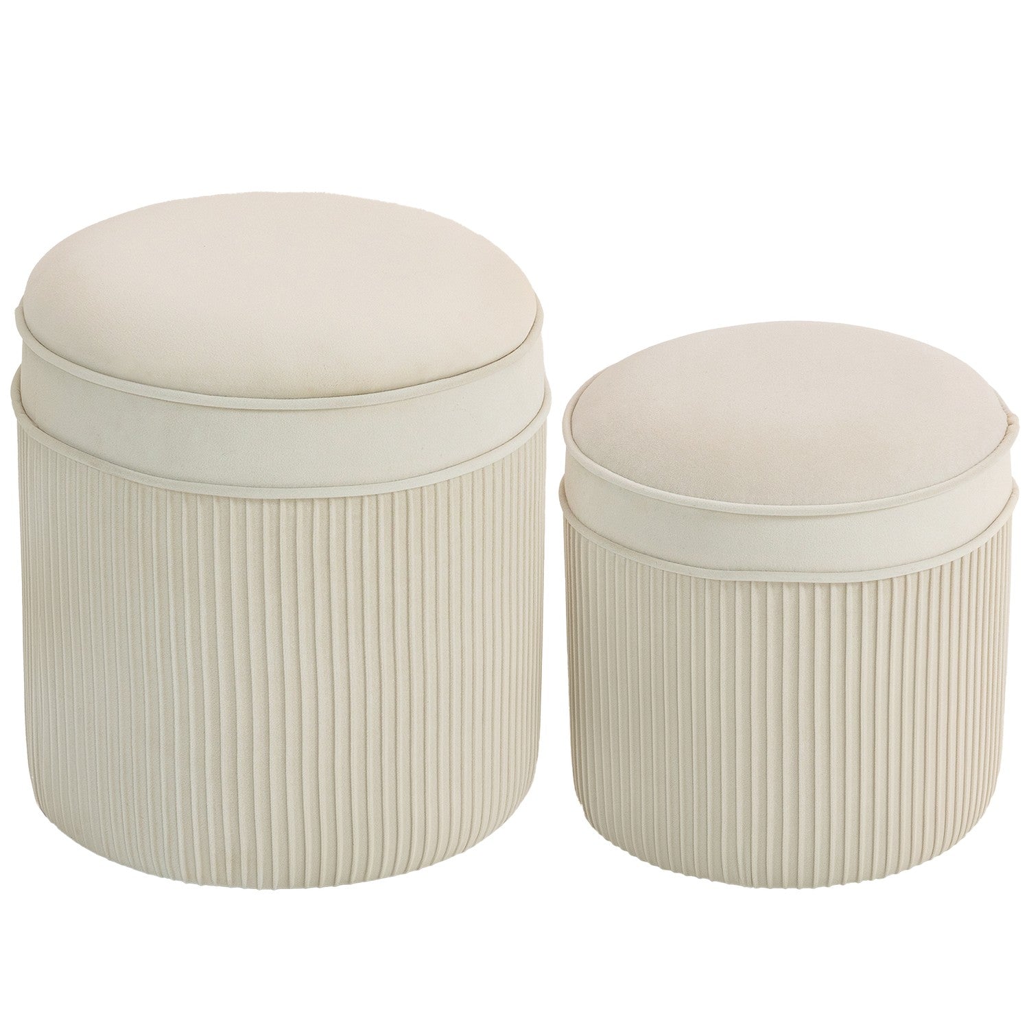 Set van 2 opberghockers, rond, fluweel, crèmekleurig, 36x36x41,5 cm