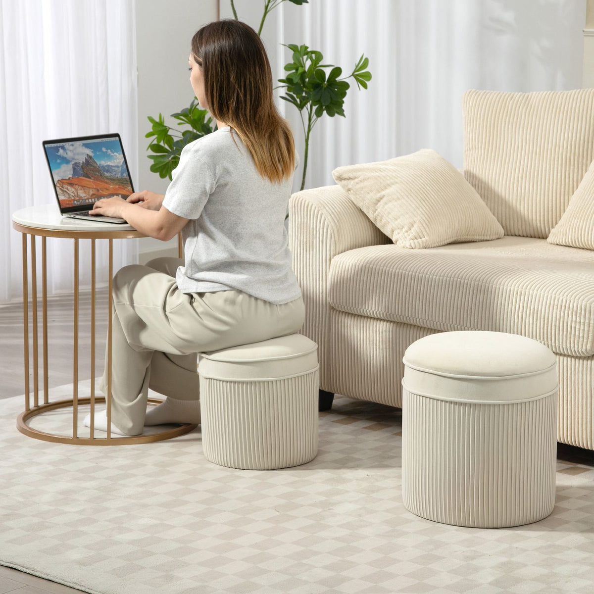 Set med 2 förvaringsfotpallar, rund sammet, krämfärgad, 36x36x41,5 cm