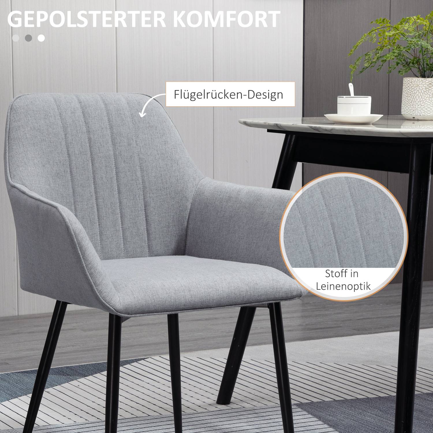 Ljusgrå stoppade matstolar, set om 2, linneöverdrag
