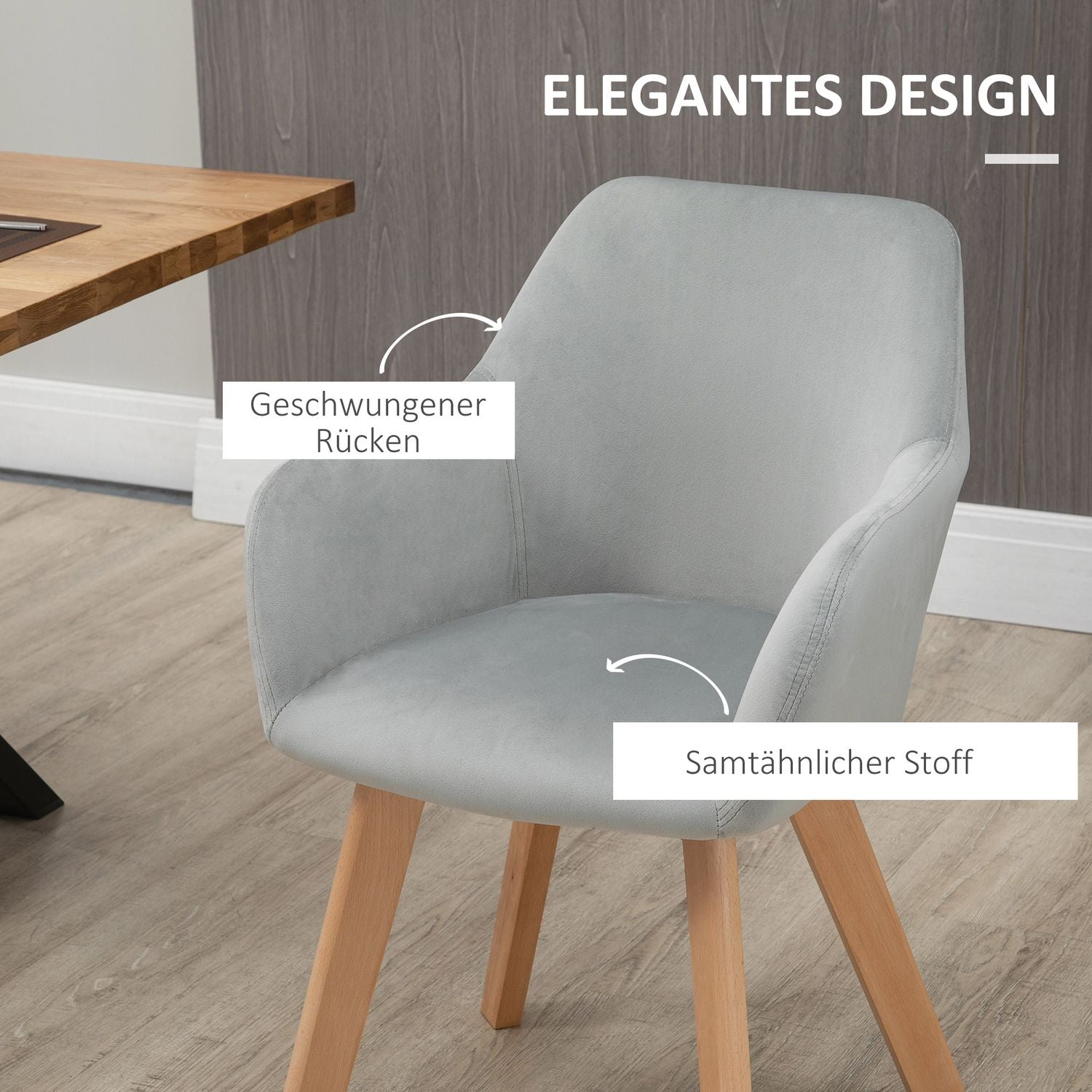 Set med 2 matstolar i grå sammet med armstöd