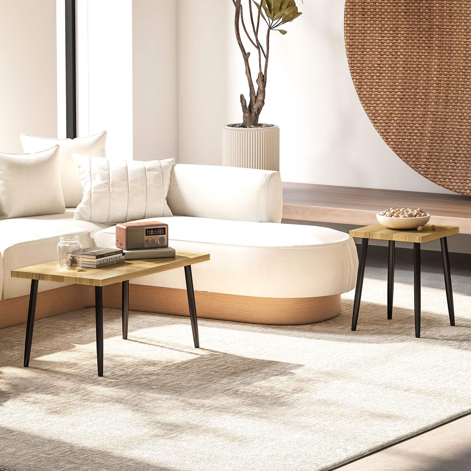 Set med 2 soffbord med stålstomme – Naturlig träfinish