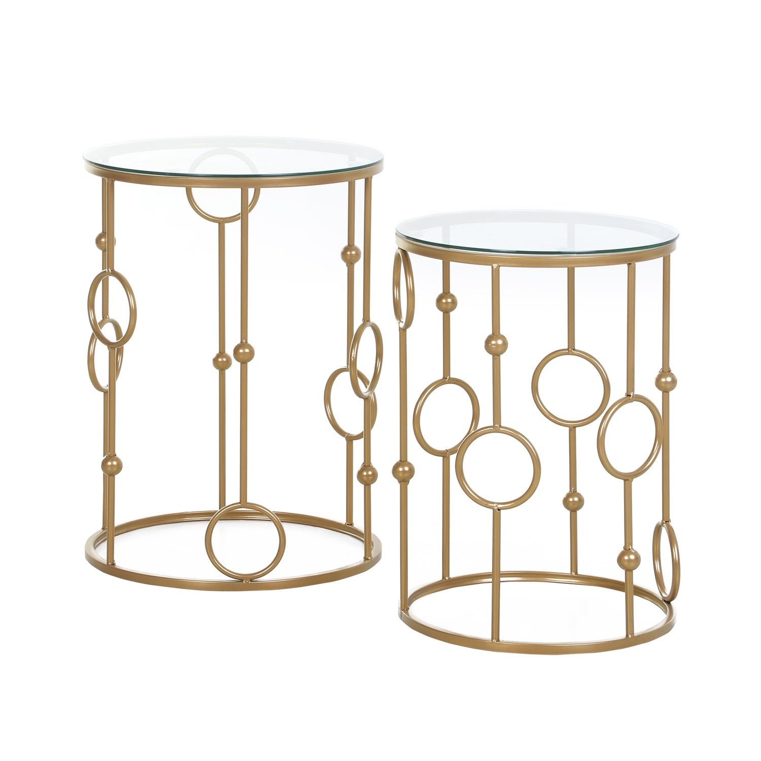 Set van 2 salontafels, bijzettafels met glazen blad, woonkamertafel met boog- en balontwerp Ø41 x 57 cm, goud