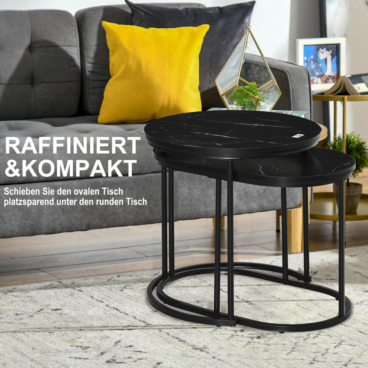 Set med 2 stapelbara runda soffbord, fuskmarmor, svart