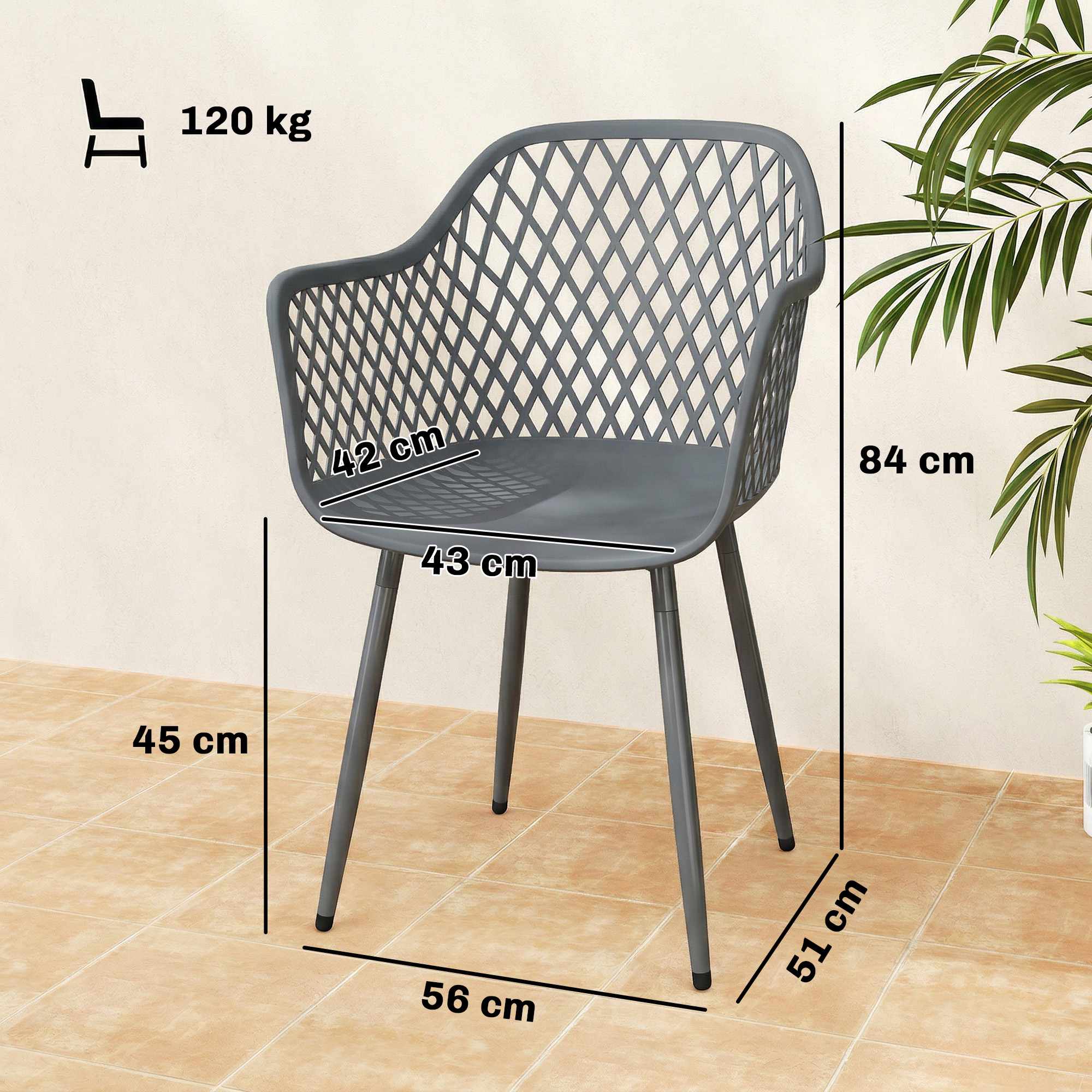 Set med 4 UV-beständiga trädgårdsstolar i mörkgrå plast