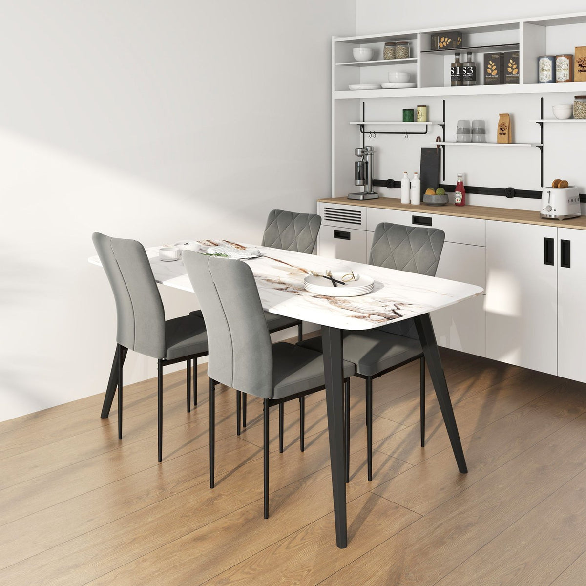 Set van 4 donkergrijze eetkamerstoelen in fluweellook met rugleuning