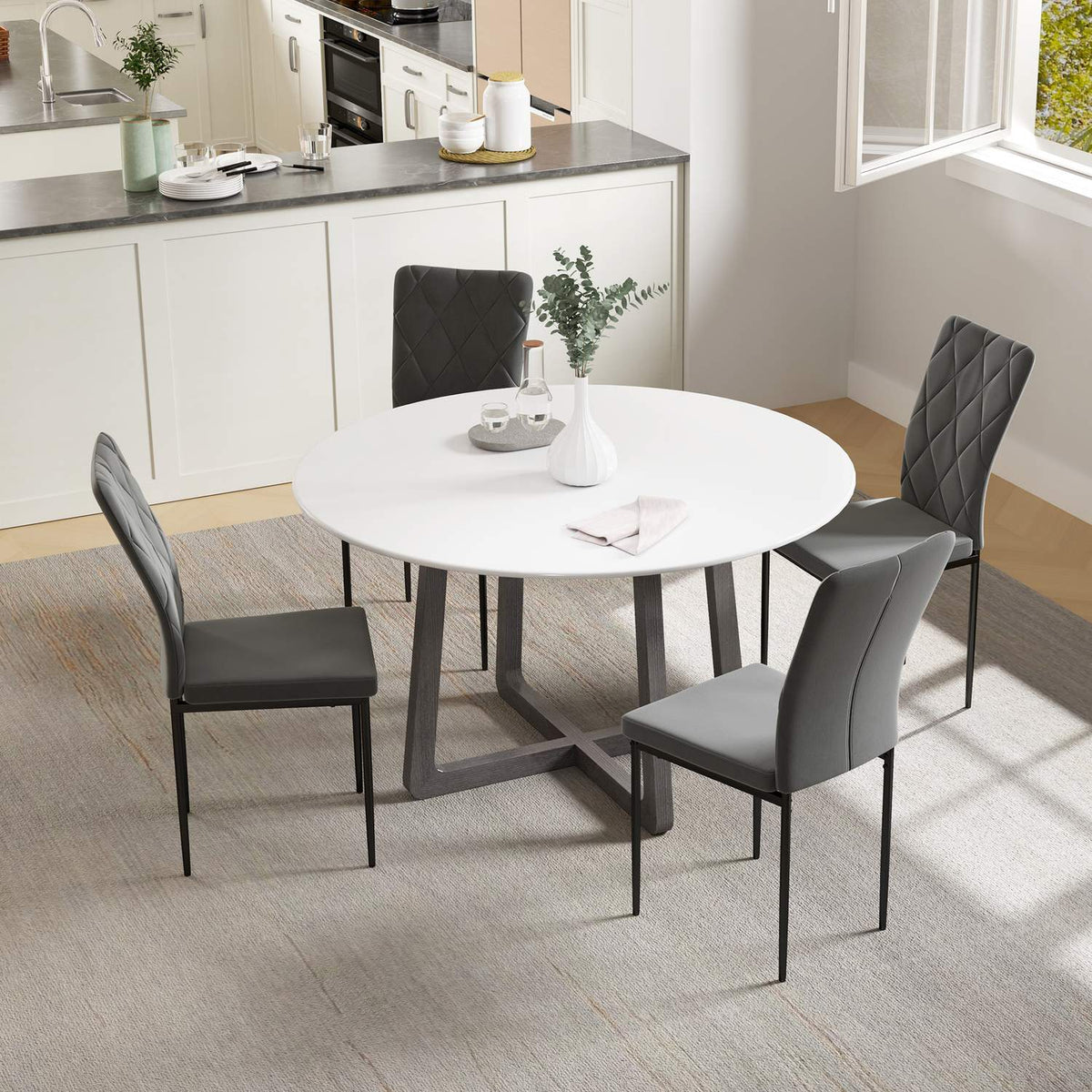 Set van 4 donkergrijze eetkamerstoelen in fluweellook met rugleuning