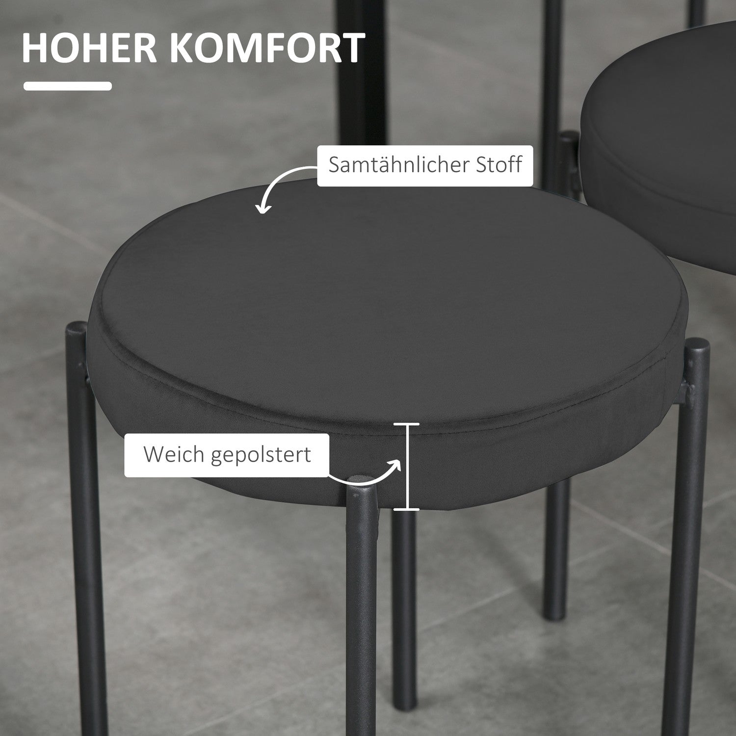 Set med 4 st stapelbara bänkpallar i sammet, svart, vadderad sits