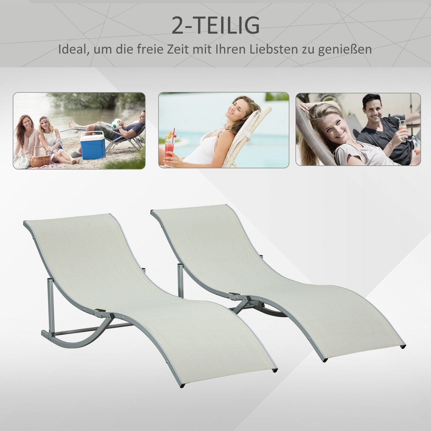 Solstolar Set Med 2 Trädgårdsstolar Aluminium Textline Ergonomisk Hopfällbar Beige 165X61X63Cm