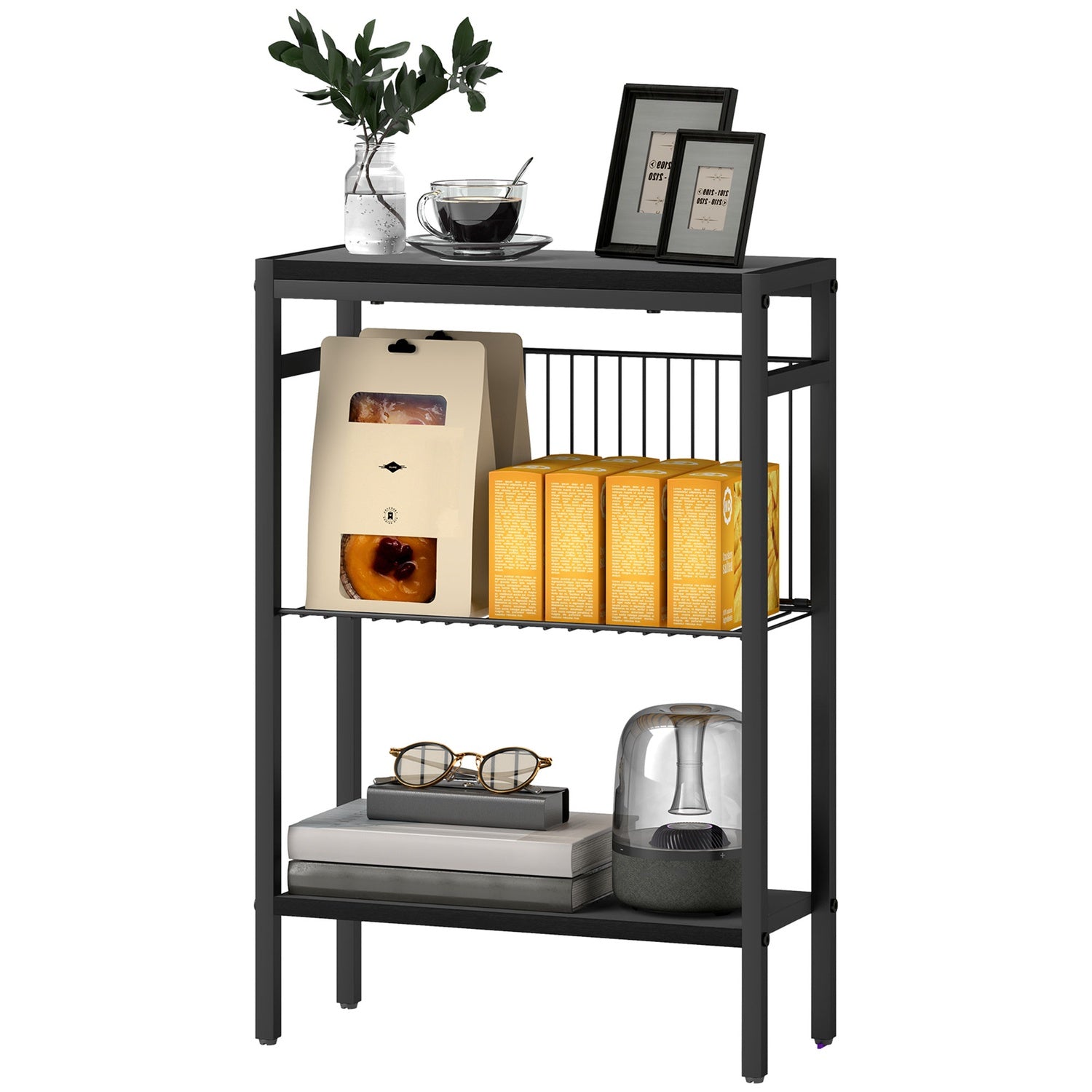 Bijzettafel, 3-laags design, planken met houteffect, stalen frame, zwart