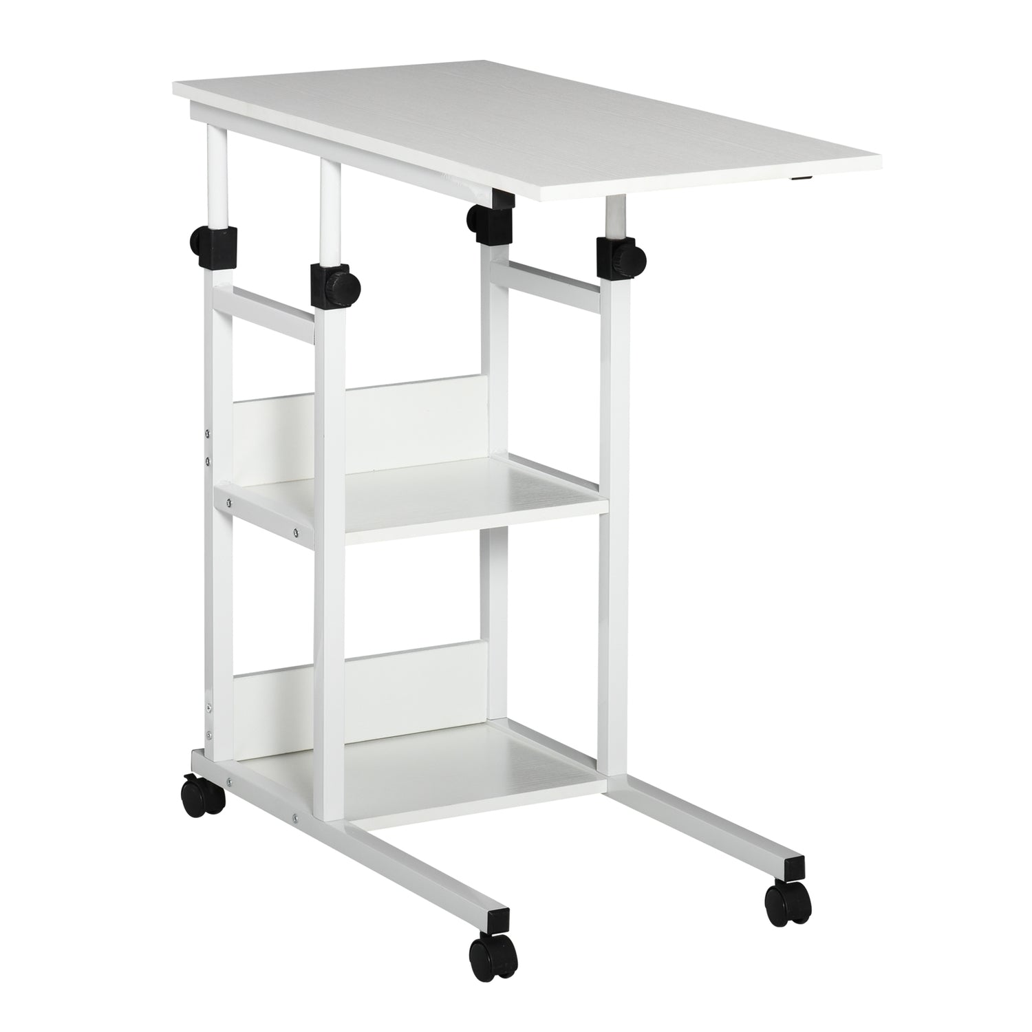 Höjdjusterbart sidobord med hjul, 2 hyllplan, vit