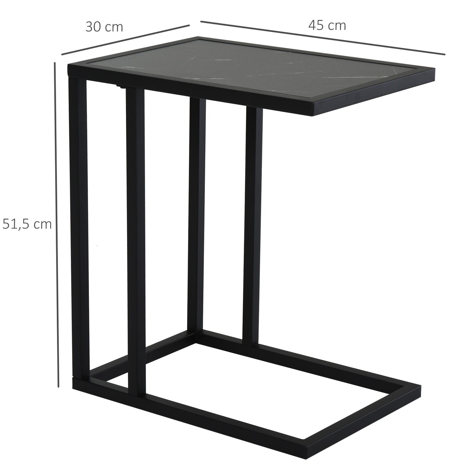Svart soffbord, marmorfinish, metallstomme, 45x30x51,5 cm
