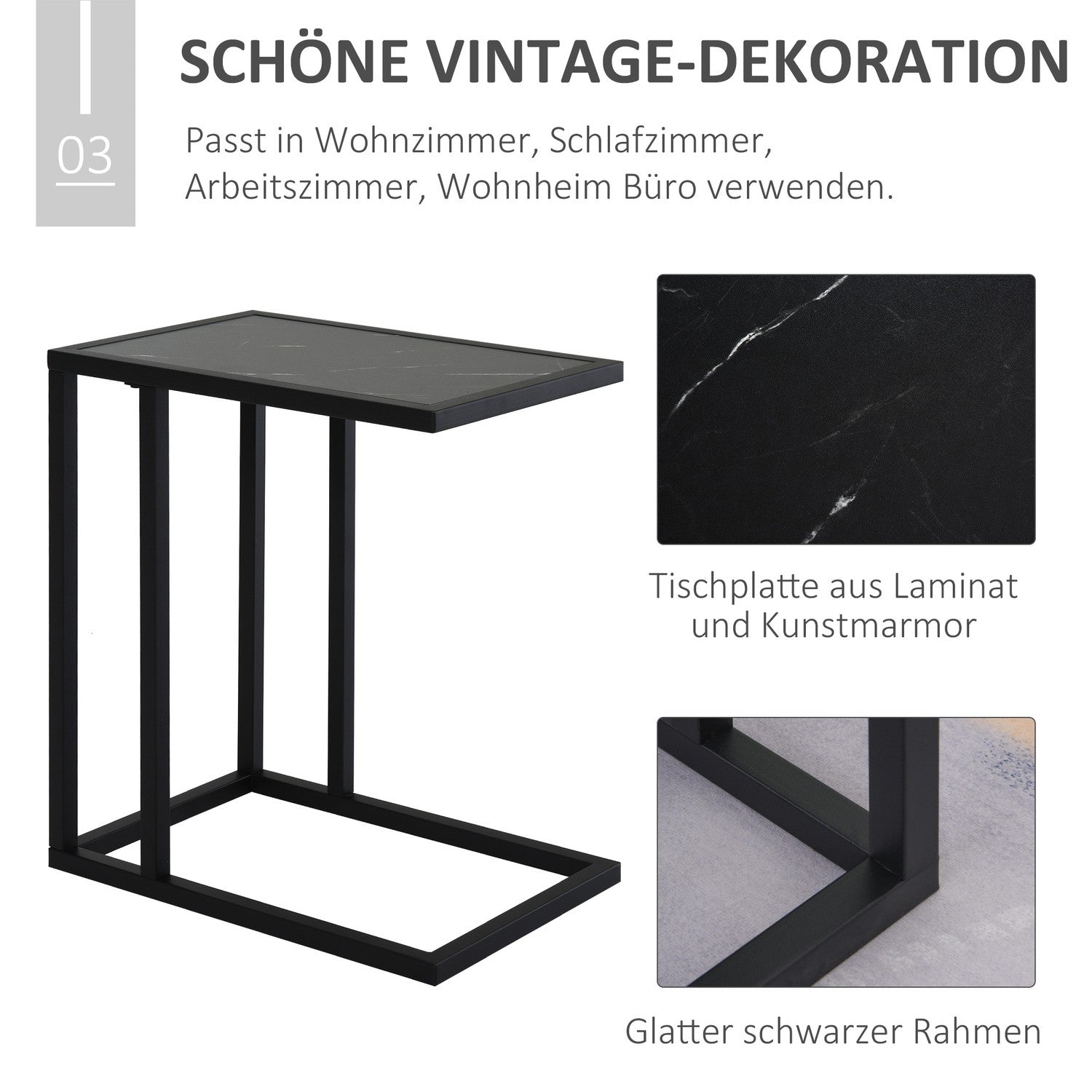 Svart soffbord, marmorfinish, metallstomme, 45x30x51,5 cm