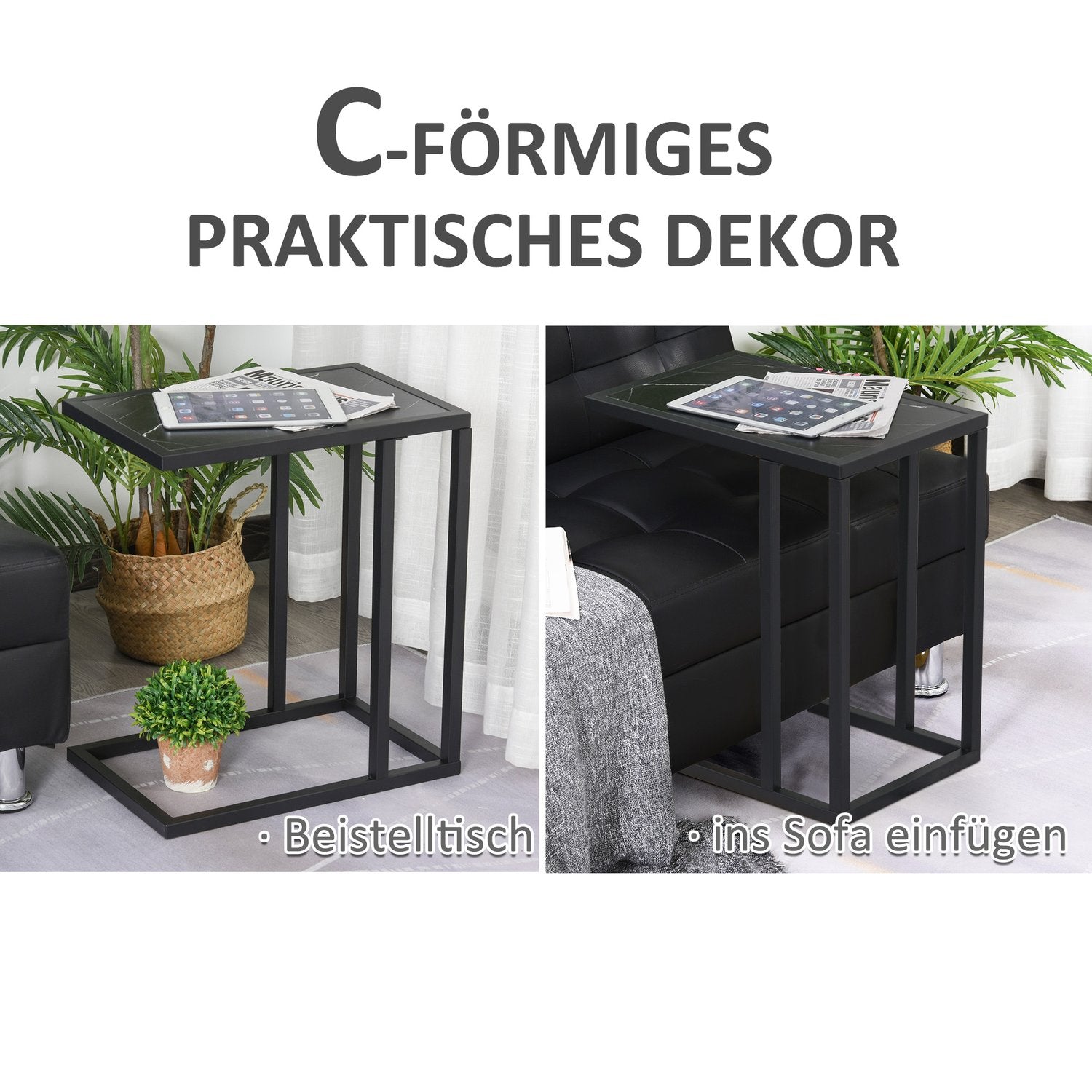Svart soffbord, marmorfinish, metallstomme, 45x30x51,5 cm