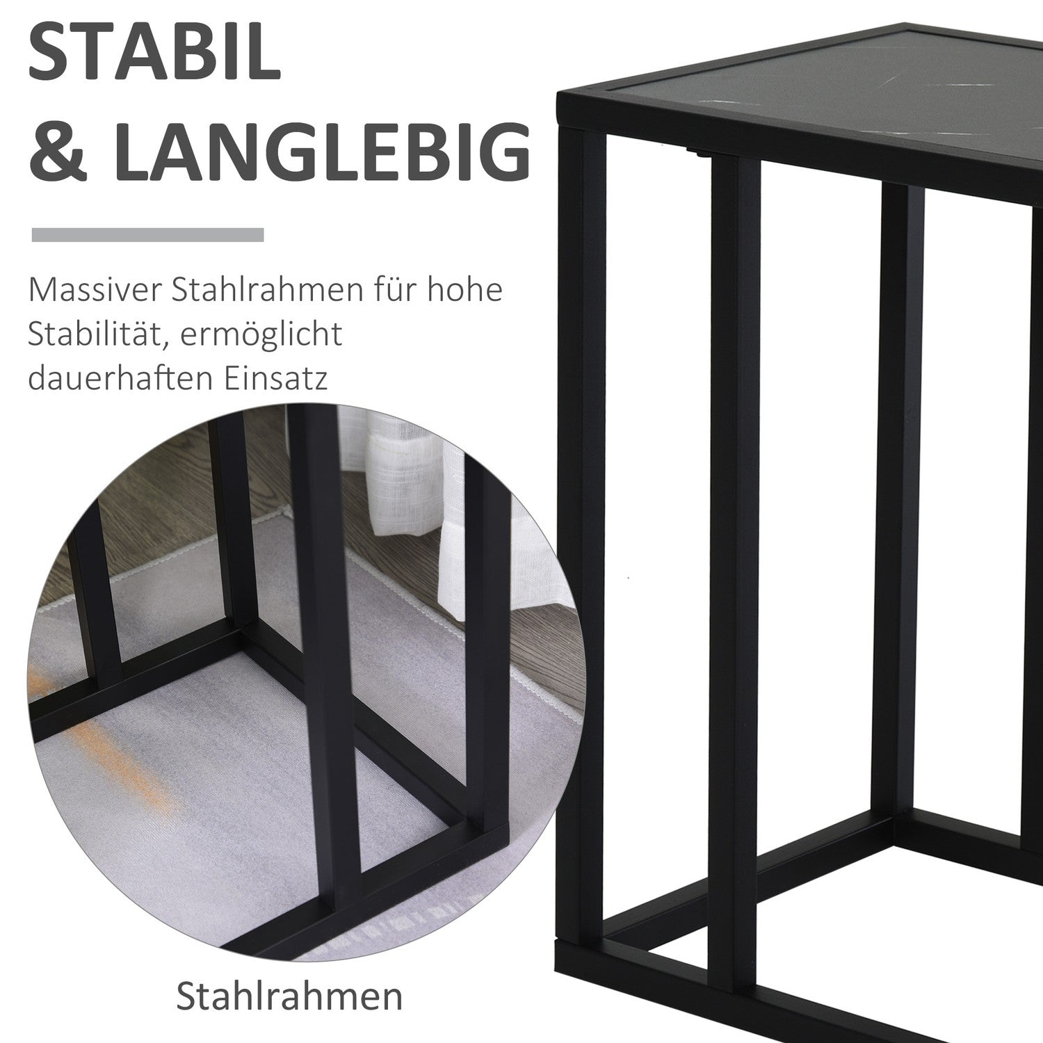 Svart soffbord, marmorfinish, metallstomme, 45x30x51,5 cm