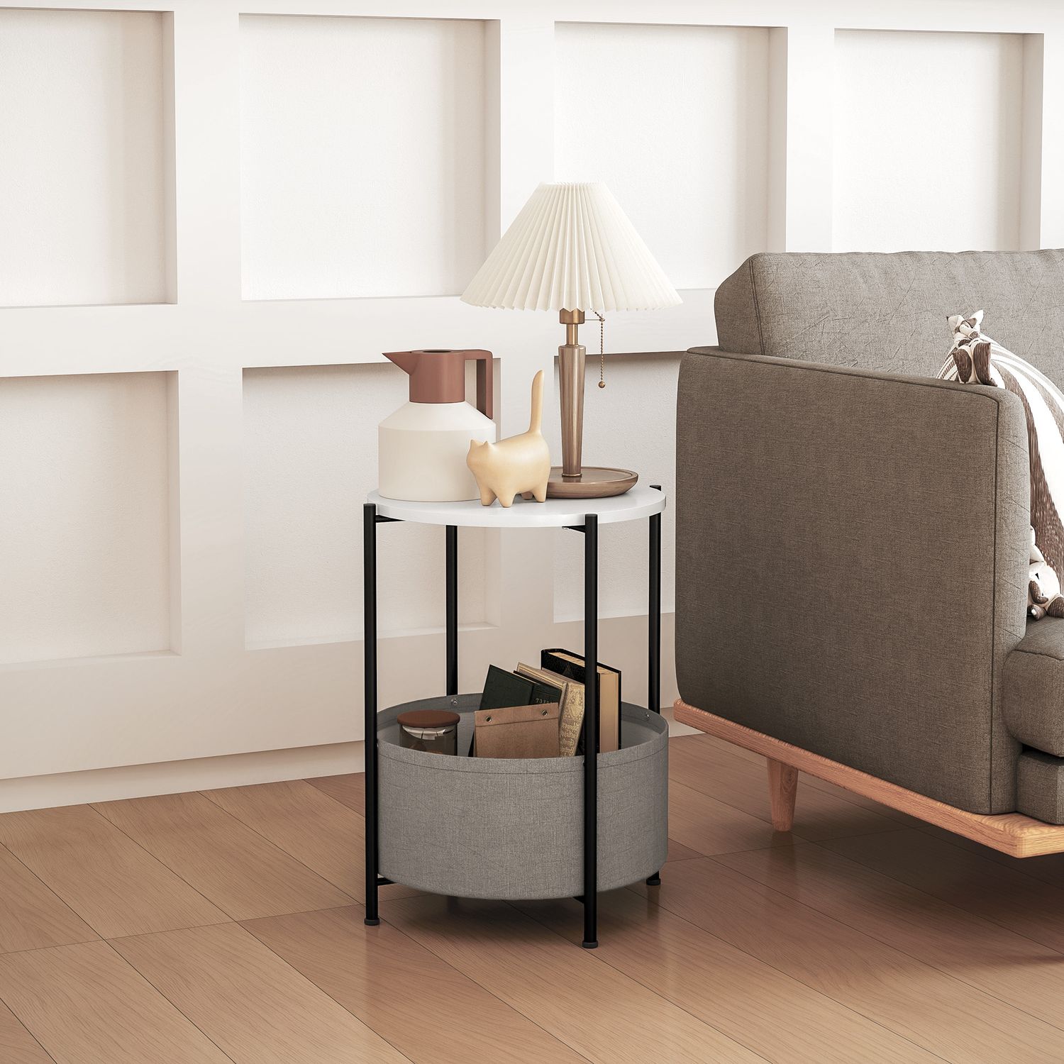 Runt soffbord med förvaring och tygkorg, 44x44x56 cm