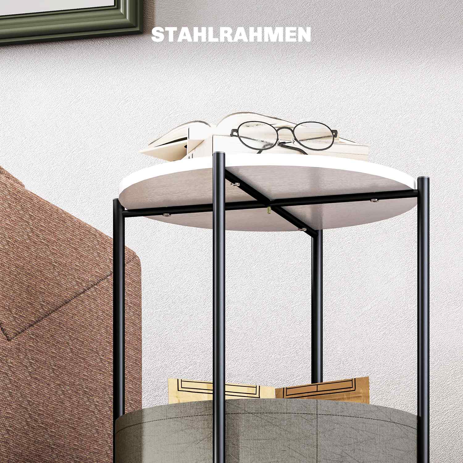 Runt soffbord med förvaring och tygkorg, 44x44x56 cm