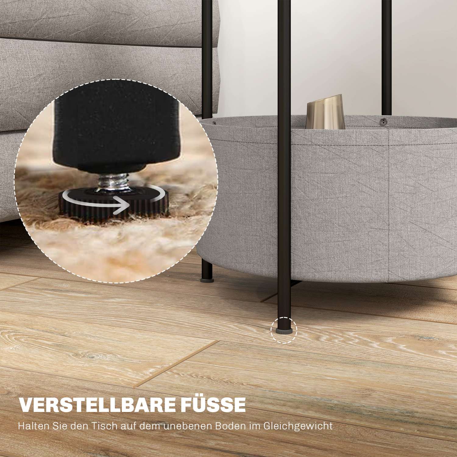 Runt soffbord med förvaring och tygkorg, 44x44x56 cm