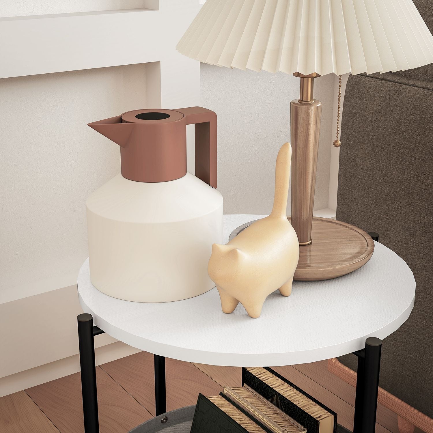 Runt soffbord med förvaring och tygkorg, 44x44x56 cm