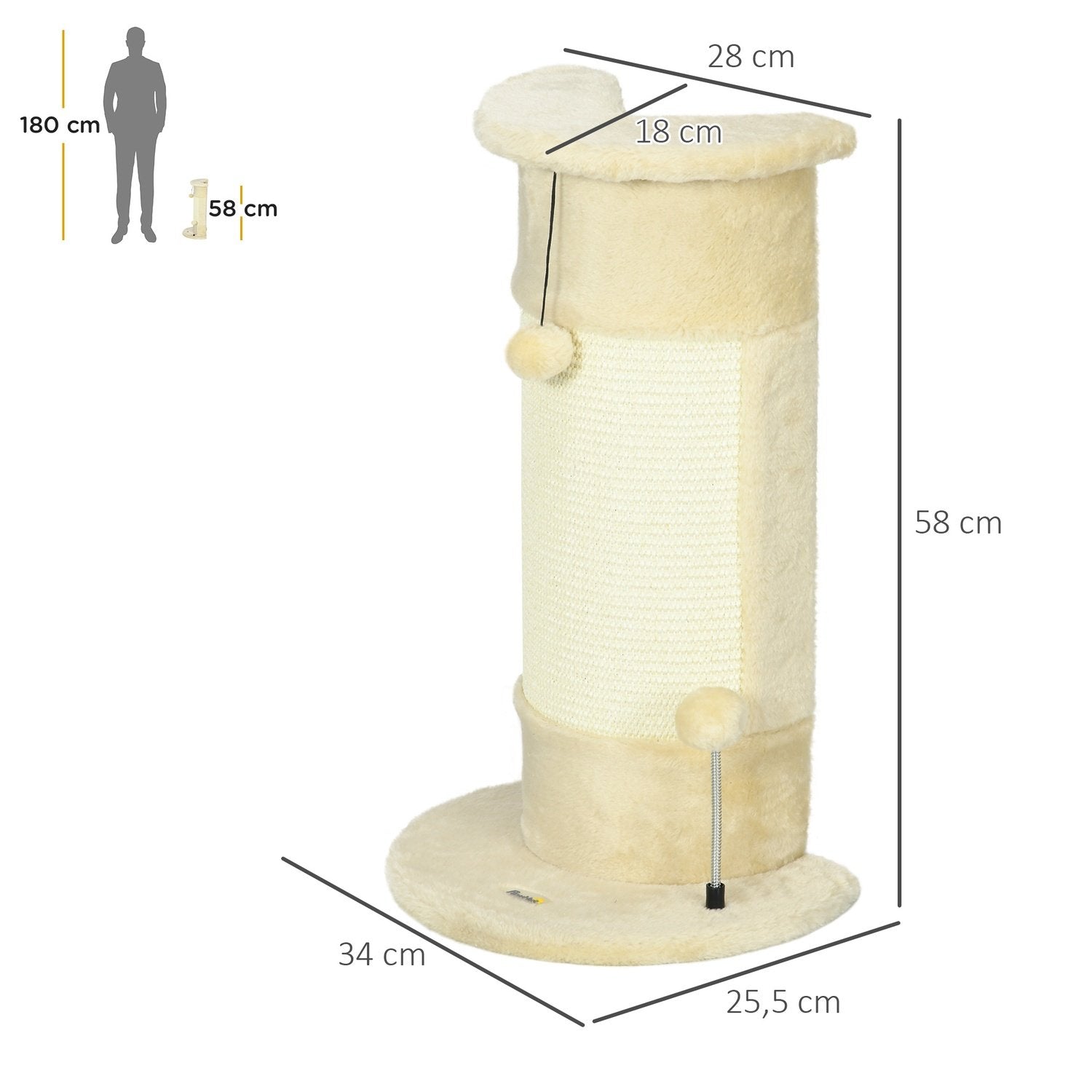 Hörnskrapstolpe 58 Cm Skrapstolpe För Katter Med Skrapboll, Gjord Av Sisal, Krämvit