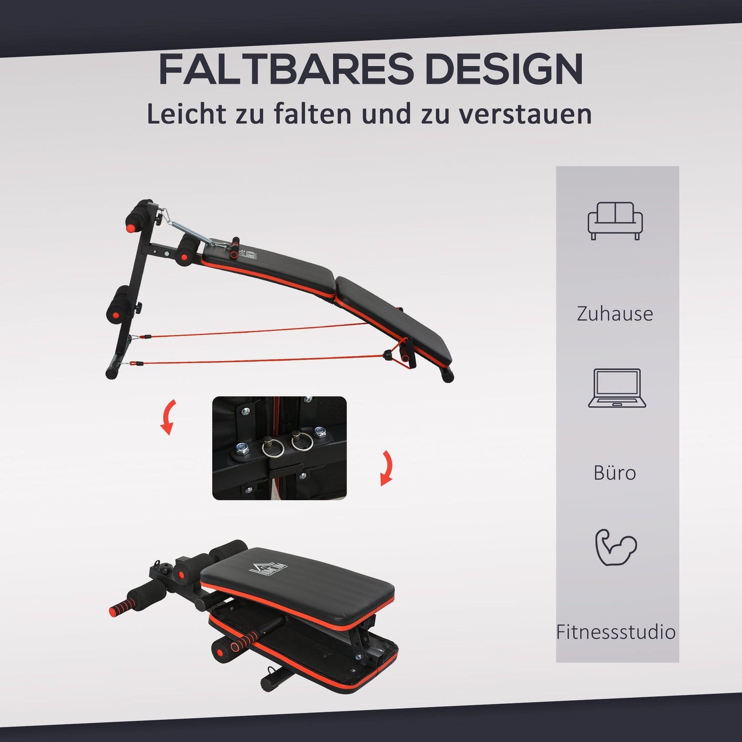 Sit Up Bänk med träningslinor, justerbar och hopfällbar