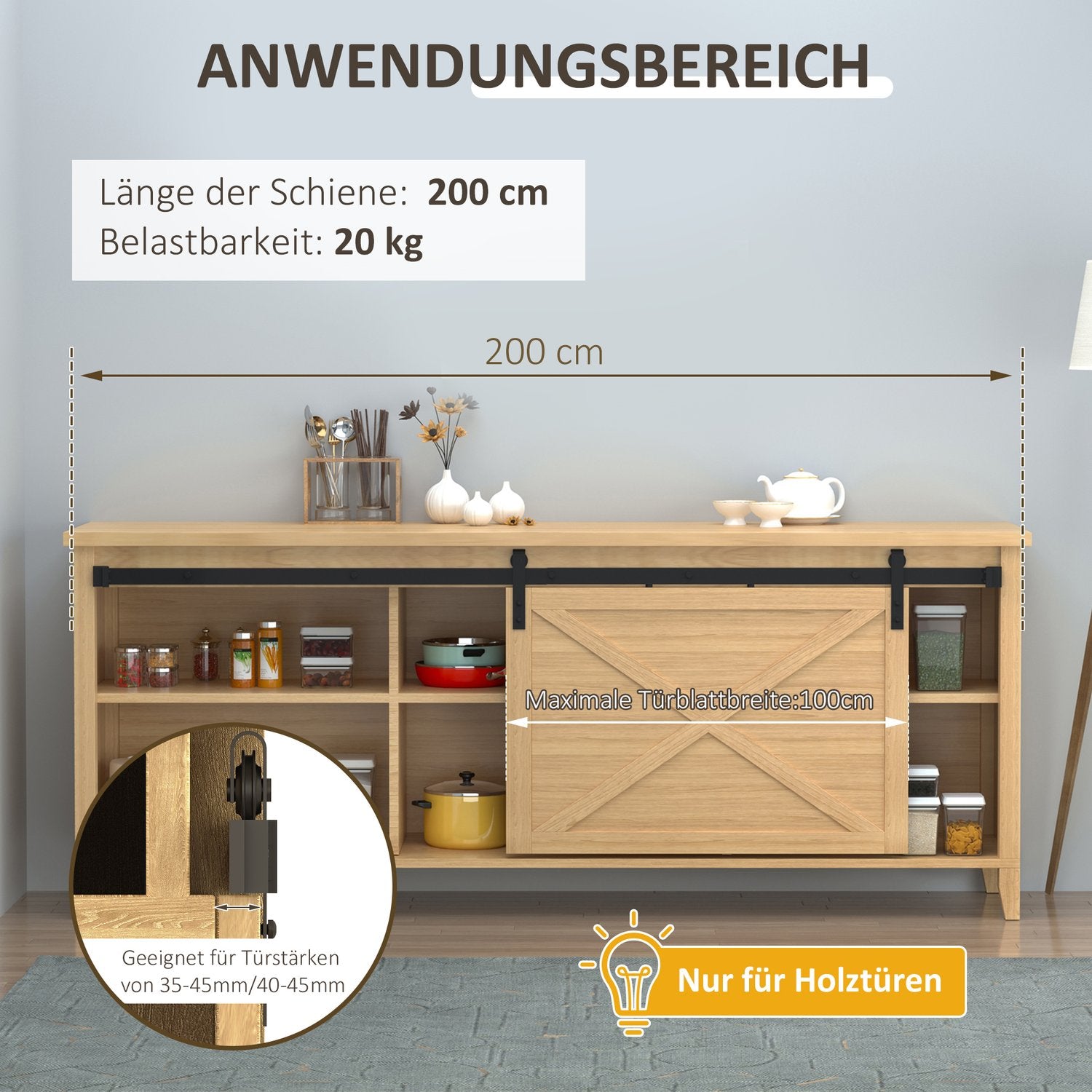 Skjutdörrssats, svart kolstål, 200 cm spår