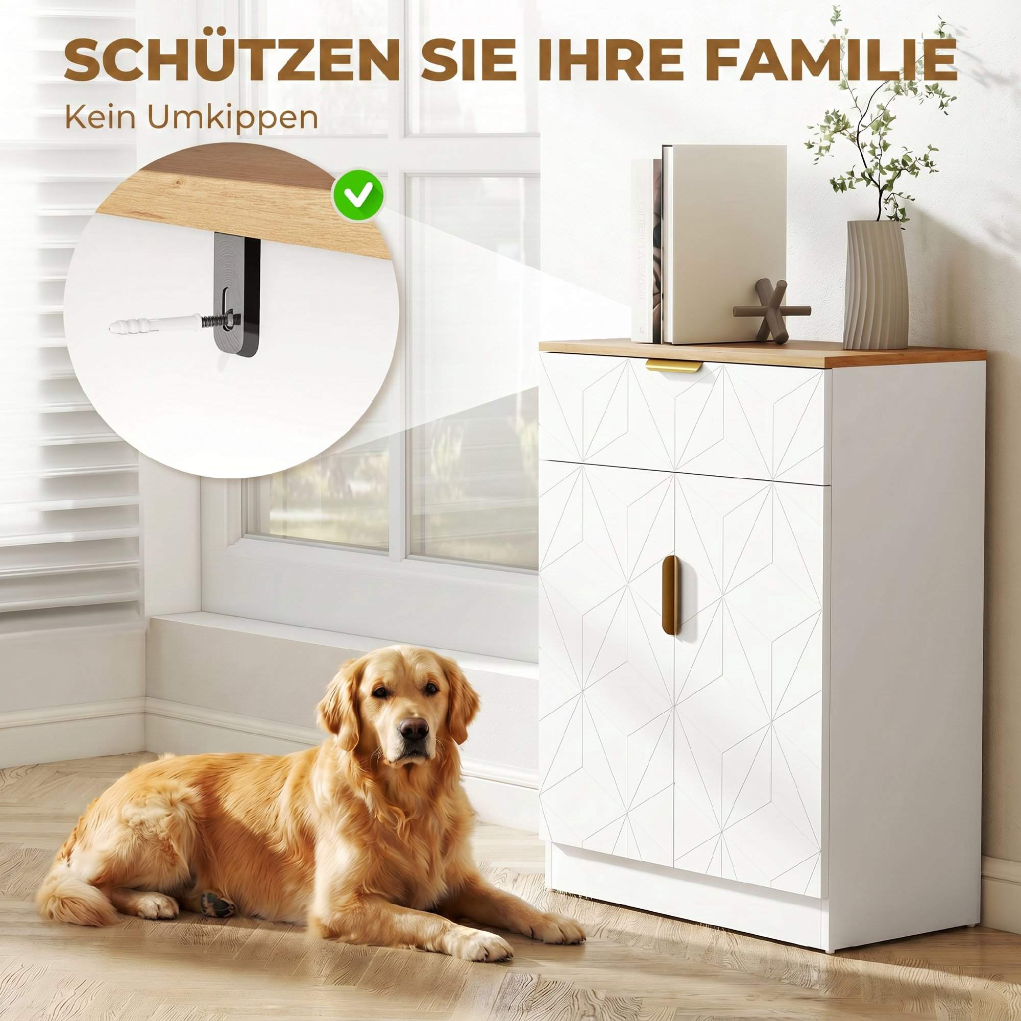 Skänk med förvaringslåda, justerbar hylla, vit