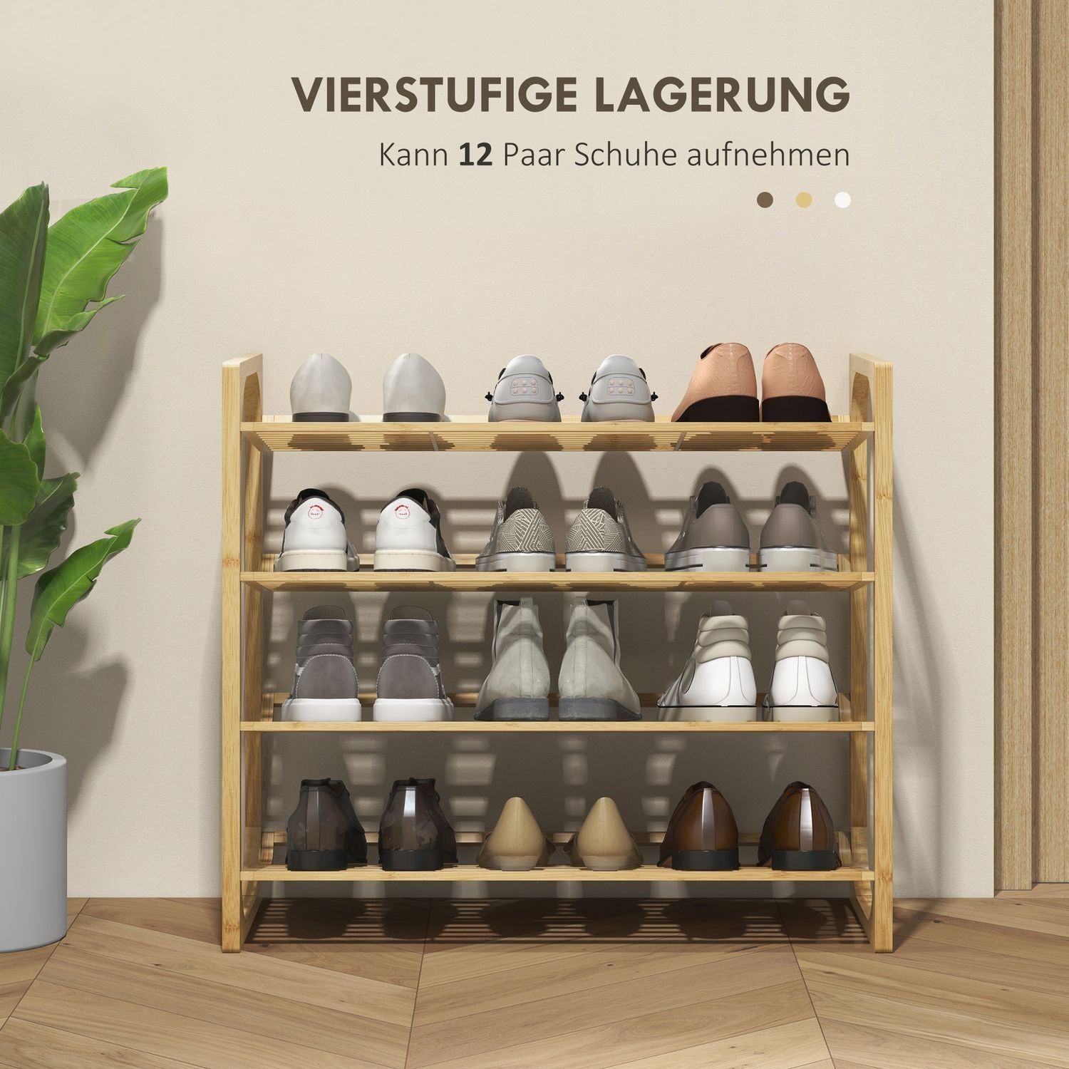 Skoställ i bambu, 4 våningar, rymmer 12 par, naturligt