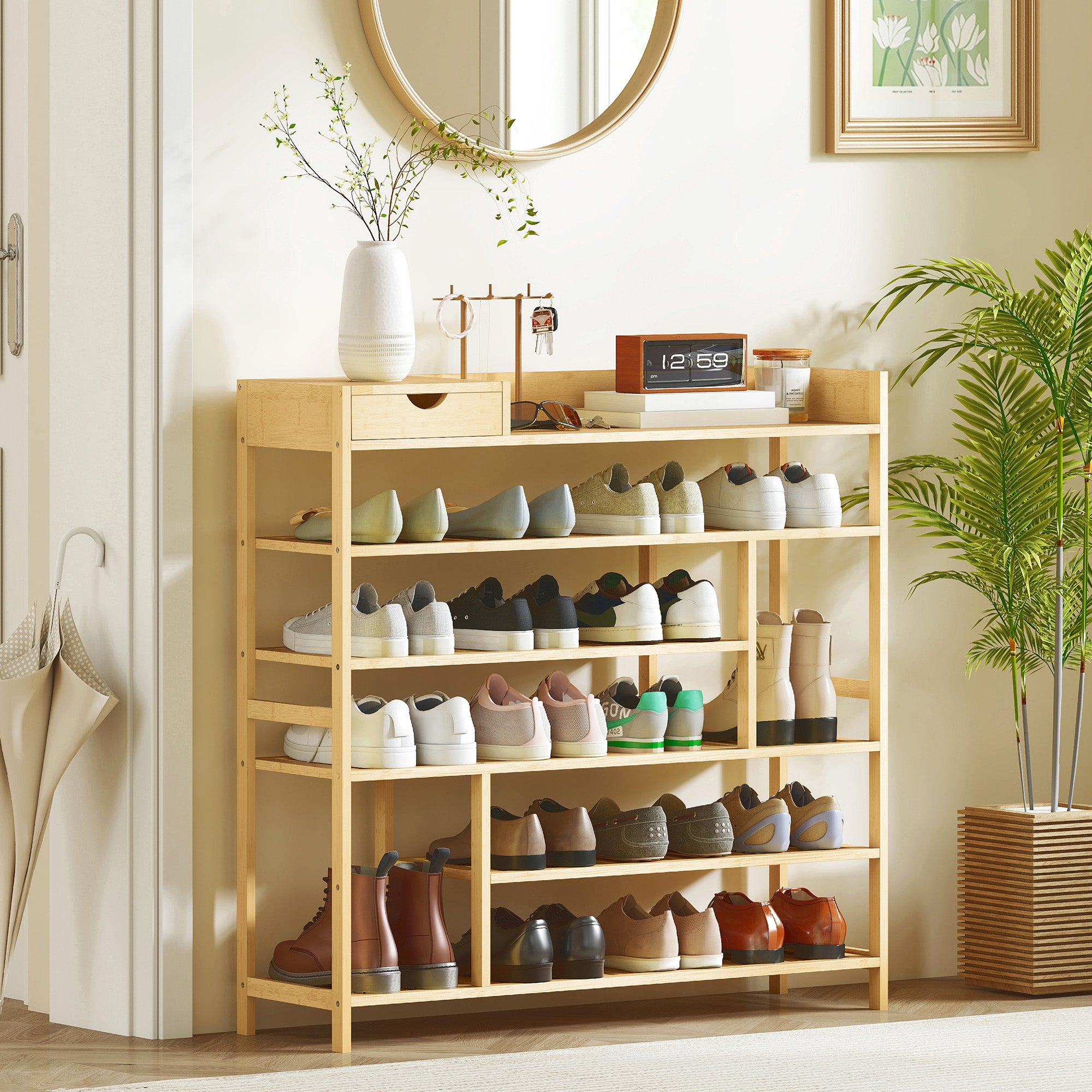 Skoställ i bambu med låda, 6 våningar, rymmer 18 par