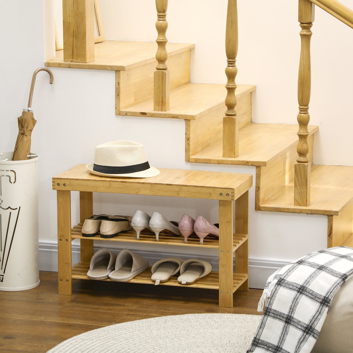 Skoställsbänk i bambu – 3-vånings, passar 6 par, naturlig