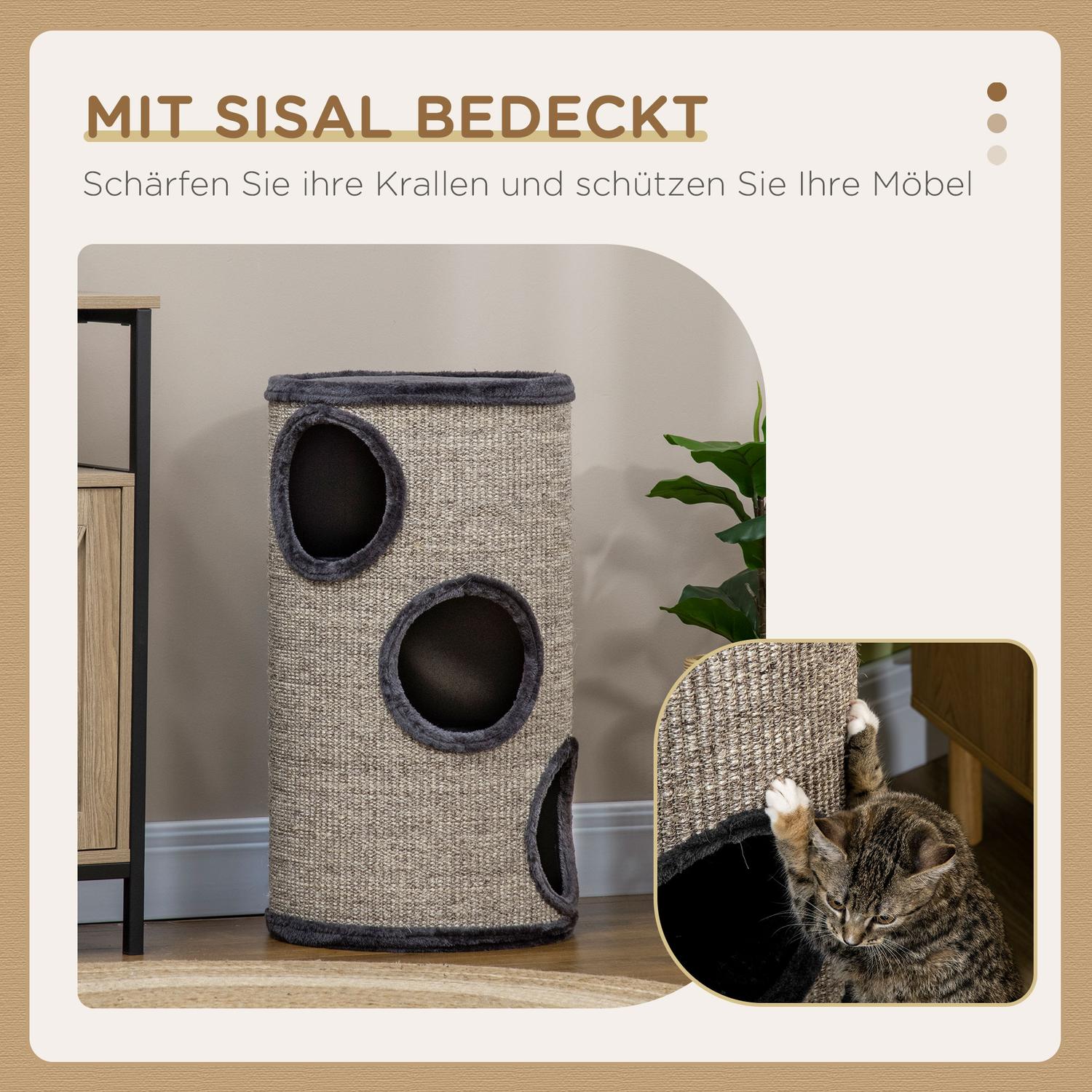 Cat Scratching Barrel med 3 sisal- och plyschgrottor, grå
