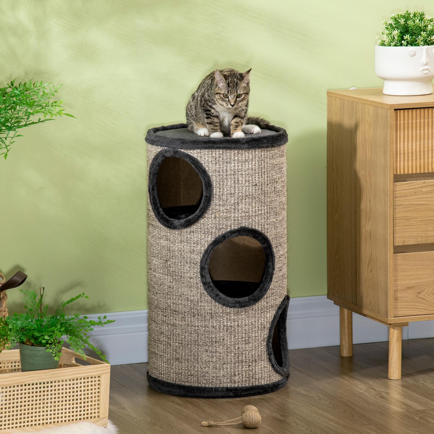Cat Scratching Barrel med 3 sisal- och plyschgrottor, grå