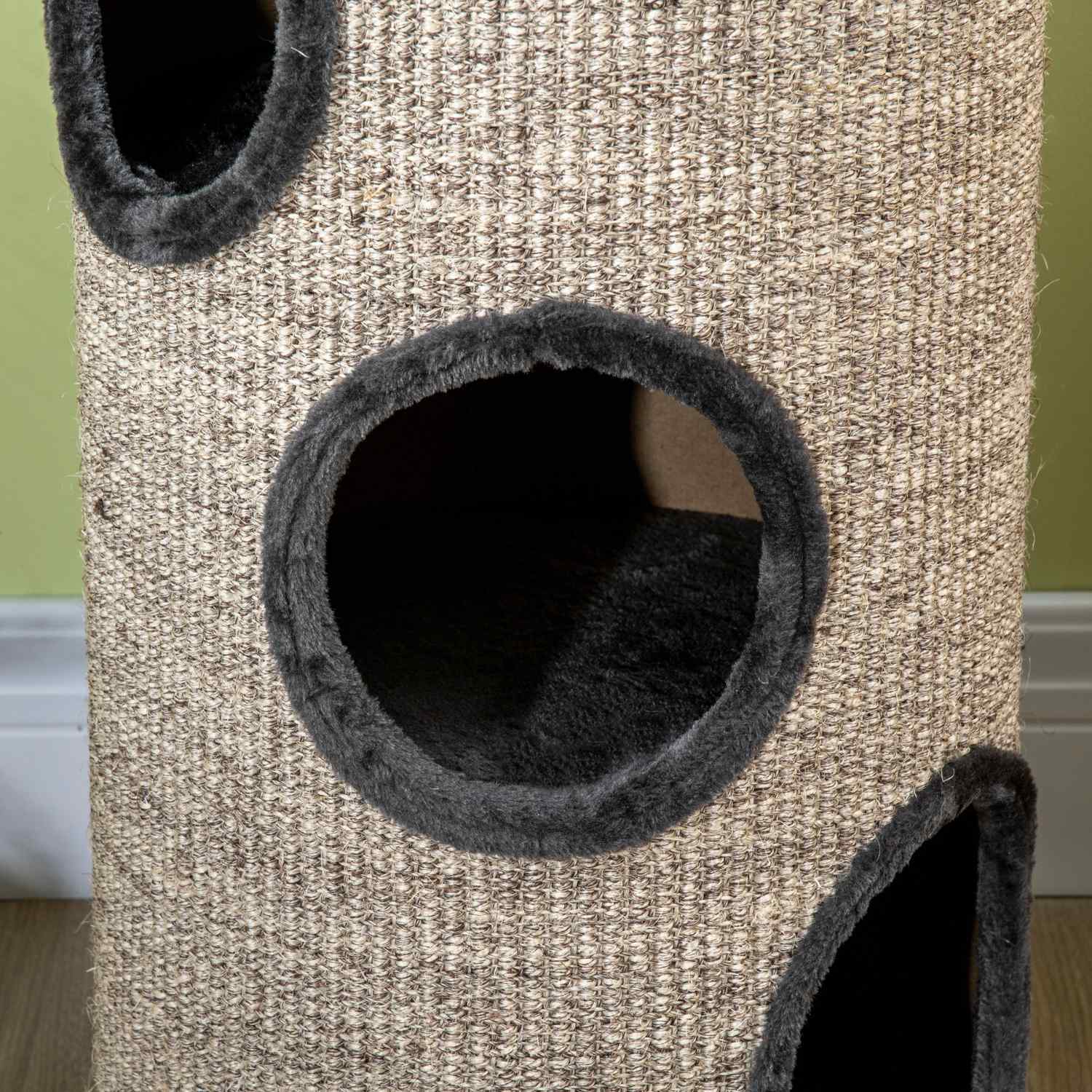 Cat Scratching Barrel med 3 sisal- och plyschgrottor, grå