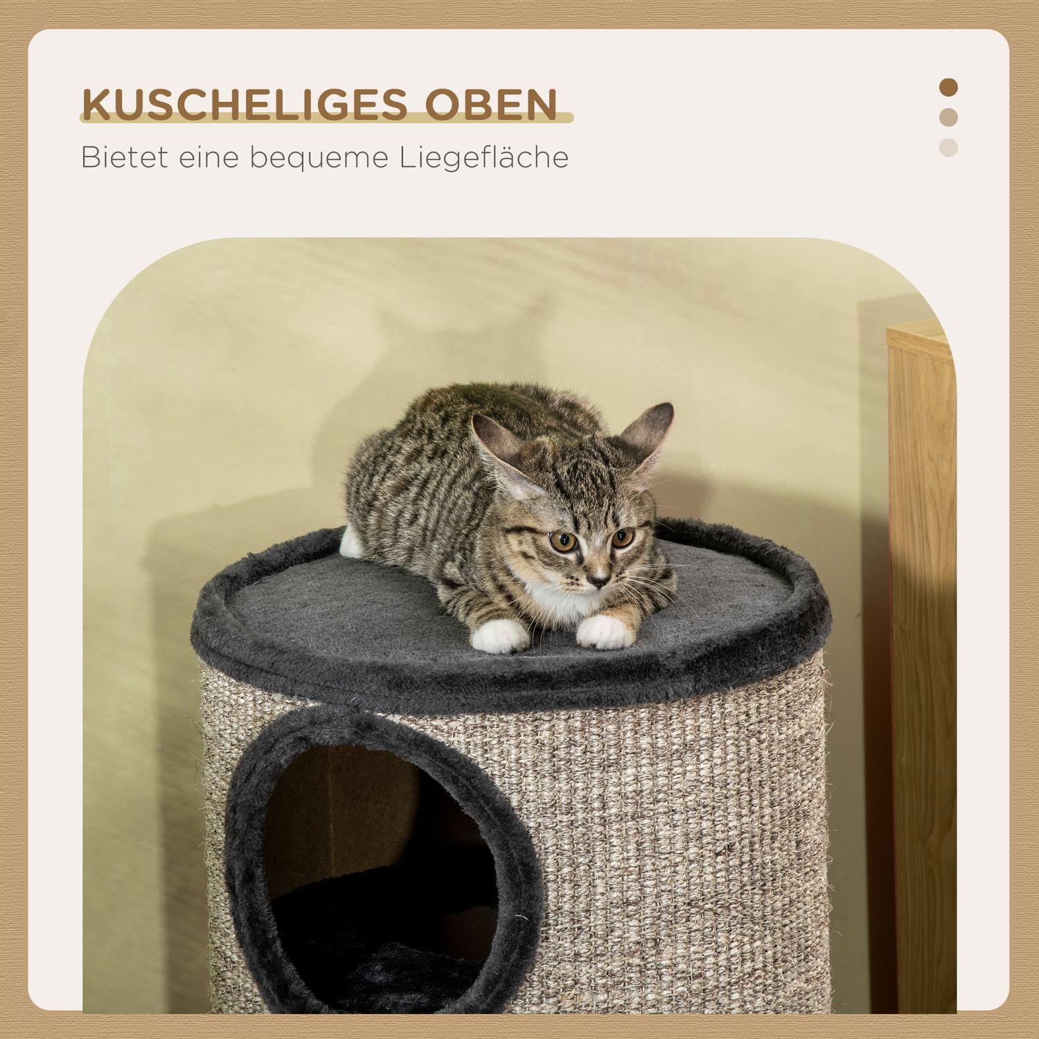 Cat Scratching Barrel med 3 sisal- och plyschgrottor, grå