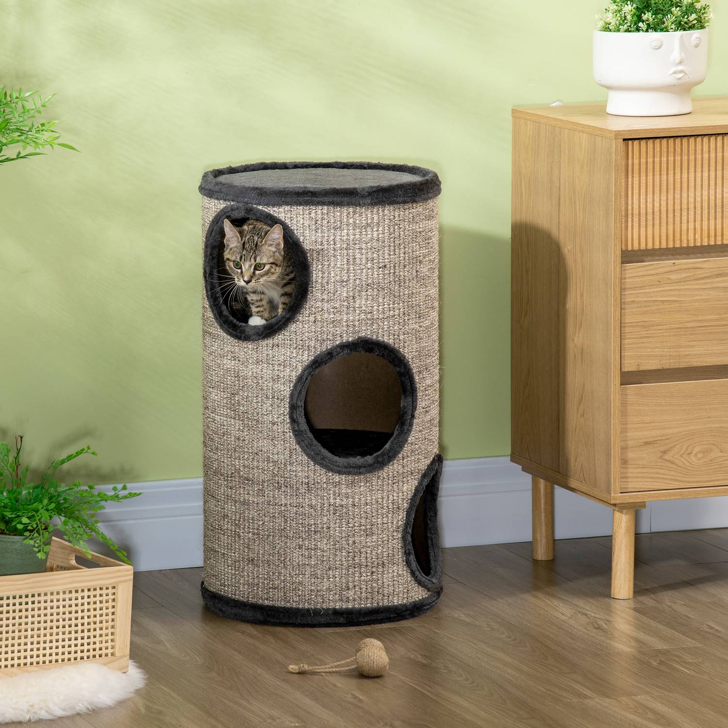Cat Scratching Barrel med 3 sisal- och plyschgrottor, grå