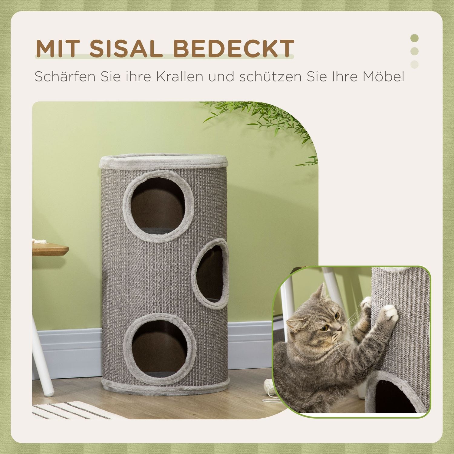 Cat Scratching Barrel med sisal & plysch, 3 grottor, ljusgrå