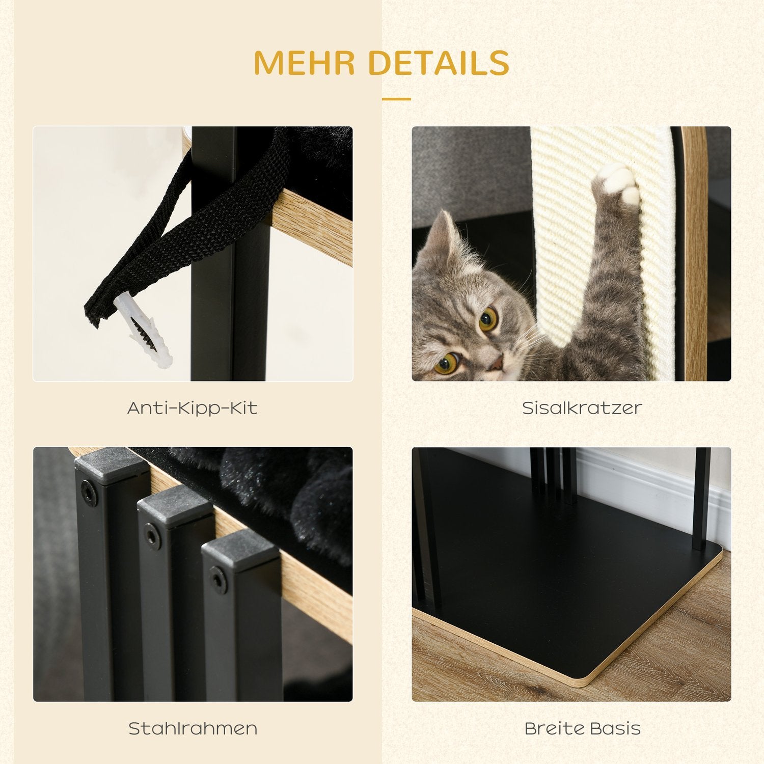 Kattträd med kudde och 2 plattformar, svart stål, 128cm