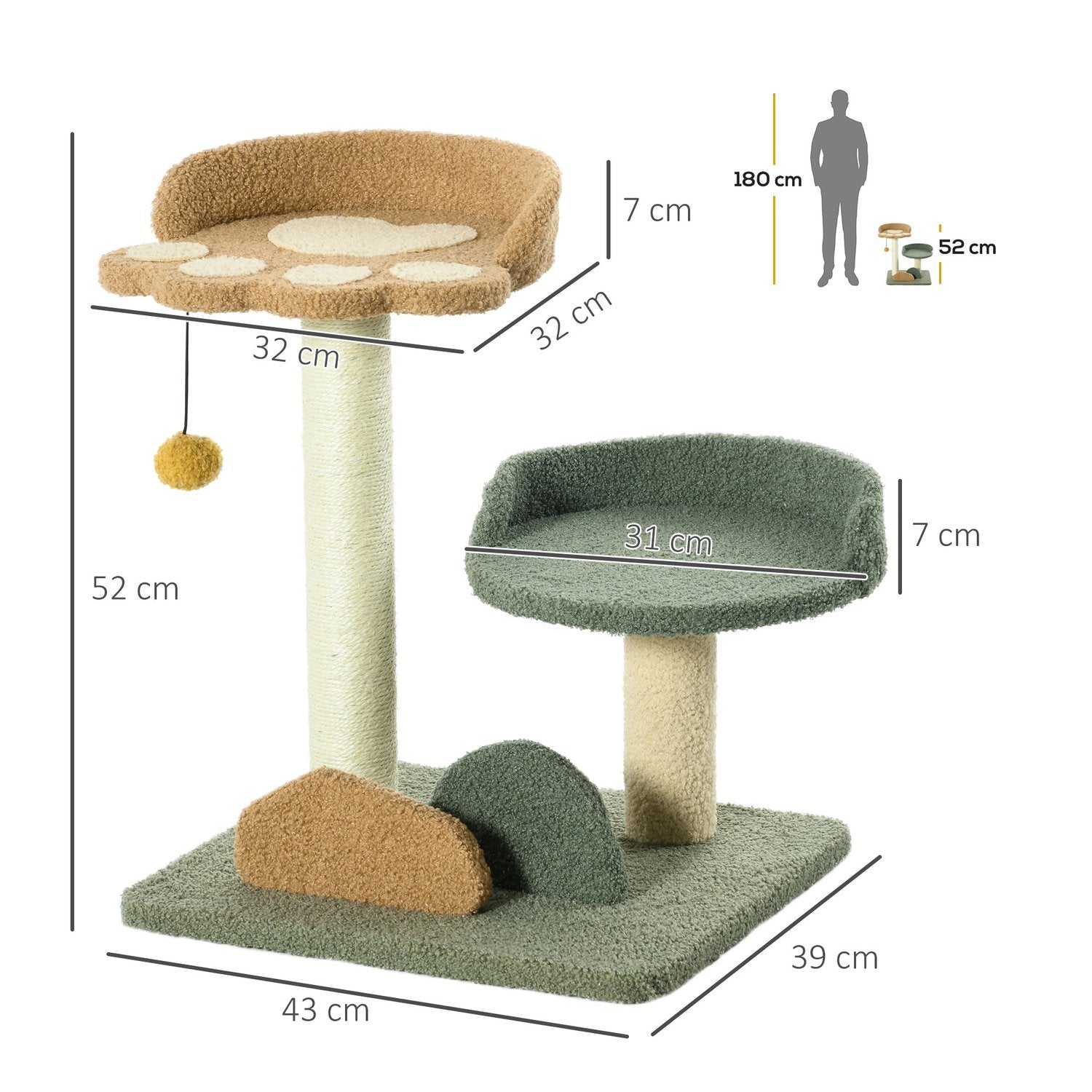 Skrapstolpe 52 Cm Cat Skrapstolpe Med 2 Nivåer, Leksaksboll, Sisal, För Inomhusbruk