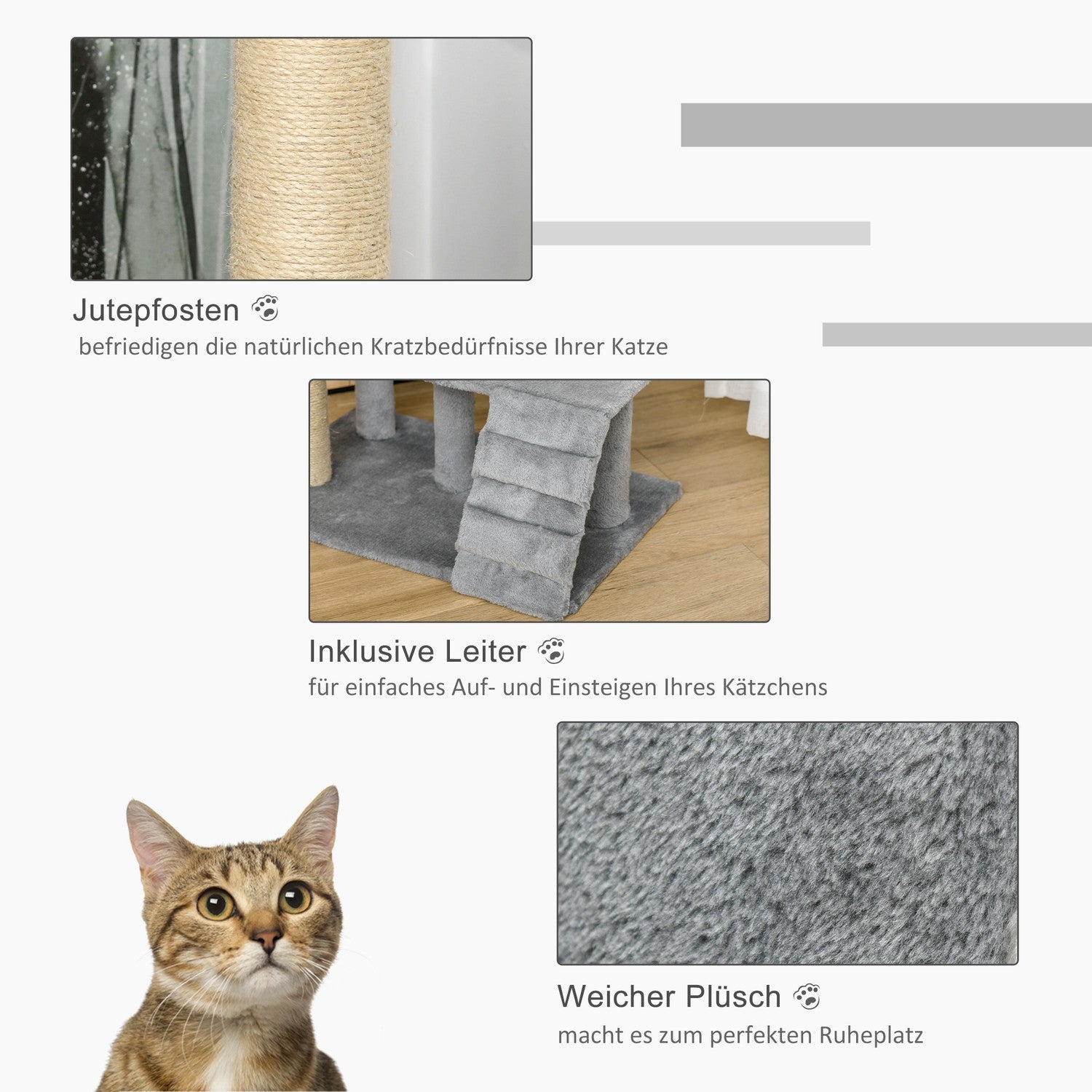 Kattklätterträd med skrapstolpe och grotta, grå, 100 cm