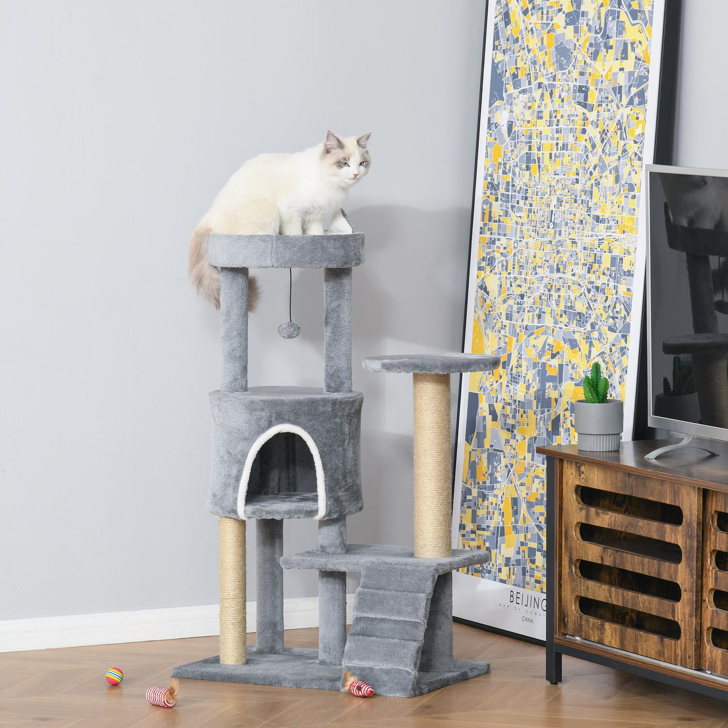 Kattklätterträd med skrapstolpe och grotta, grå, 100 cm