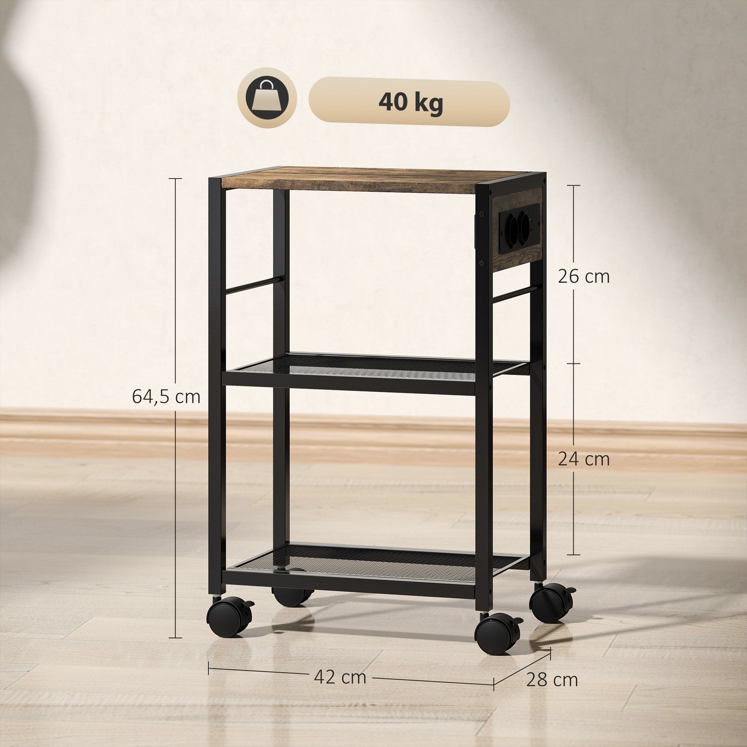 Skrivarstativ med hjul, uttag, USB och USB-C, 40 kg kapacitet