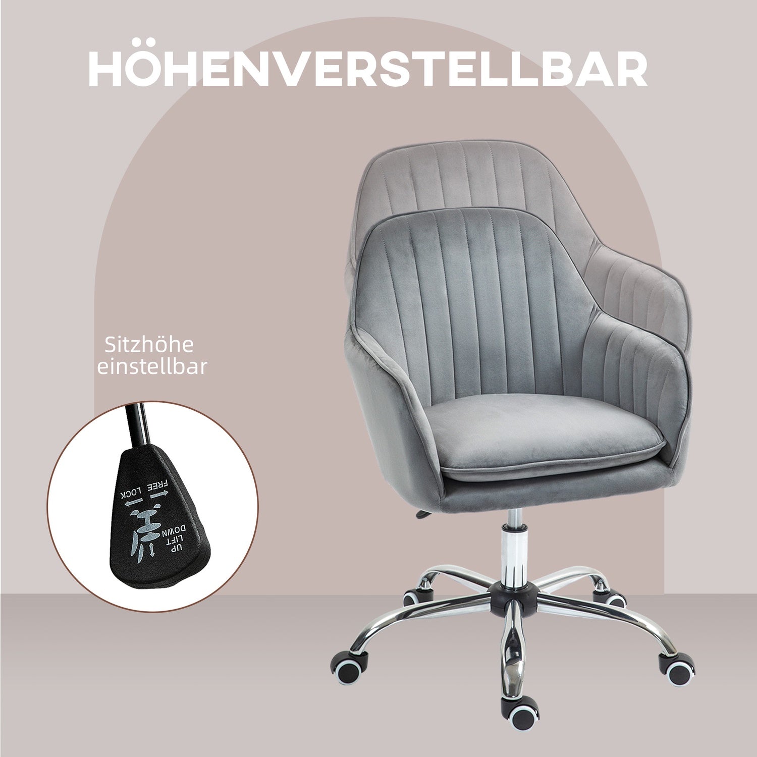 Höjdjusterbar sammetsbordsstol med armstöd, grå